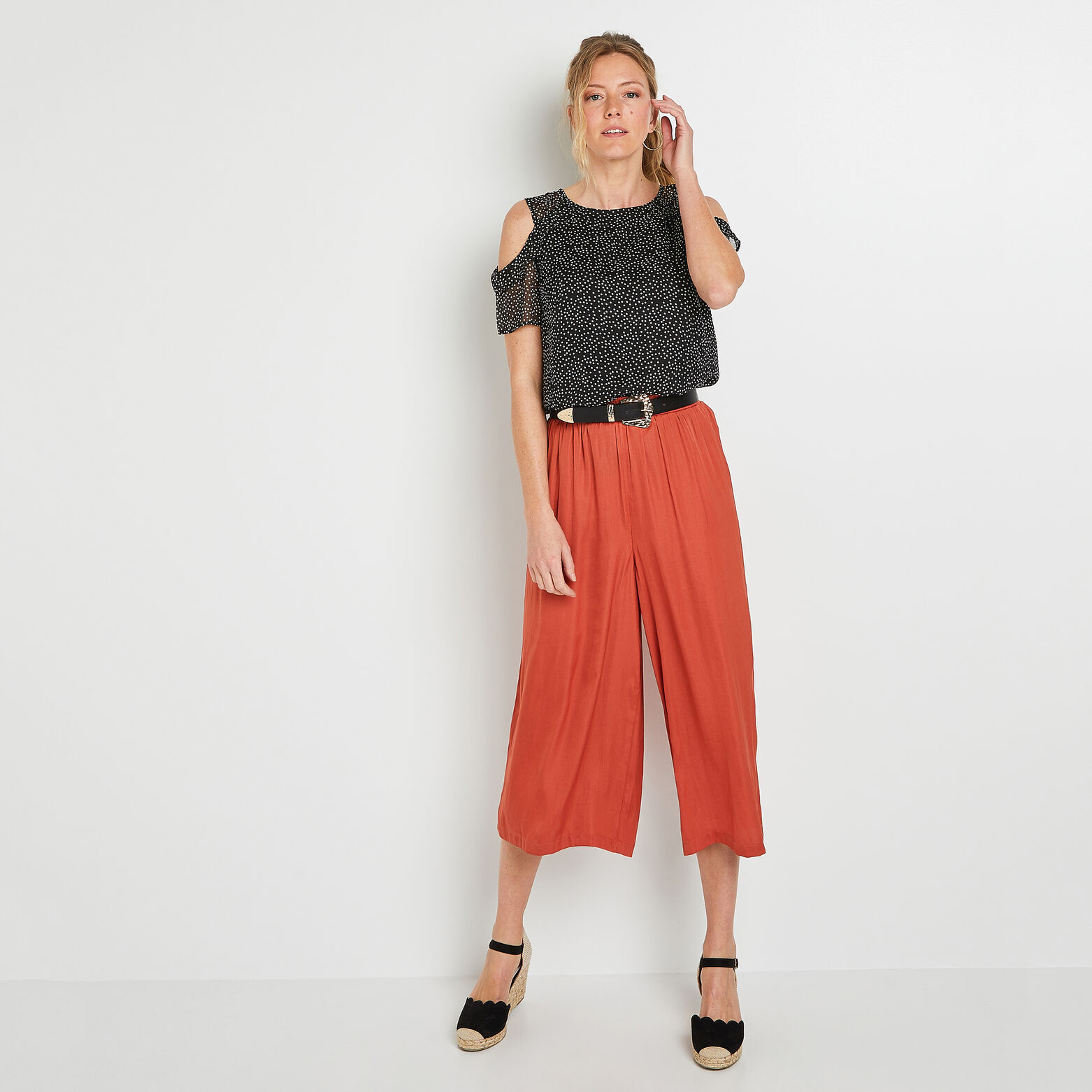 Pantalon large raccourci femme