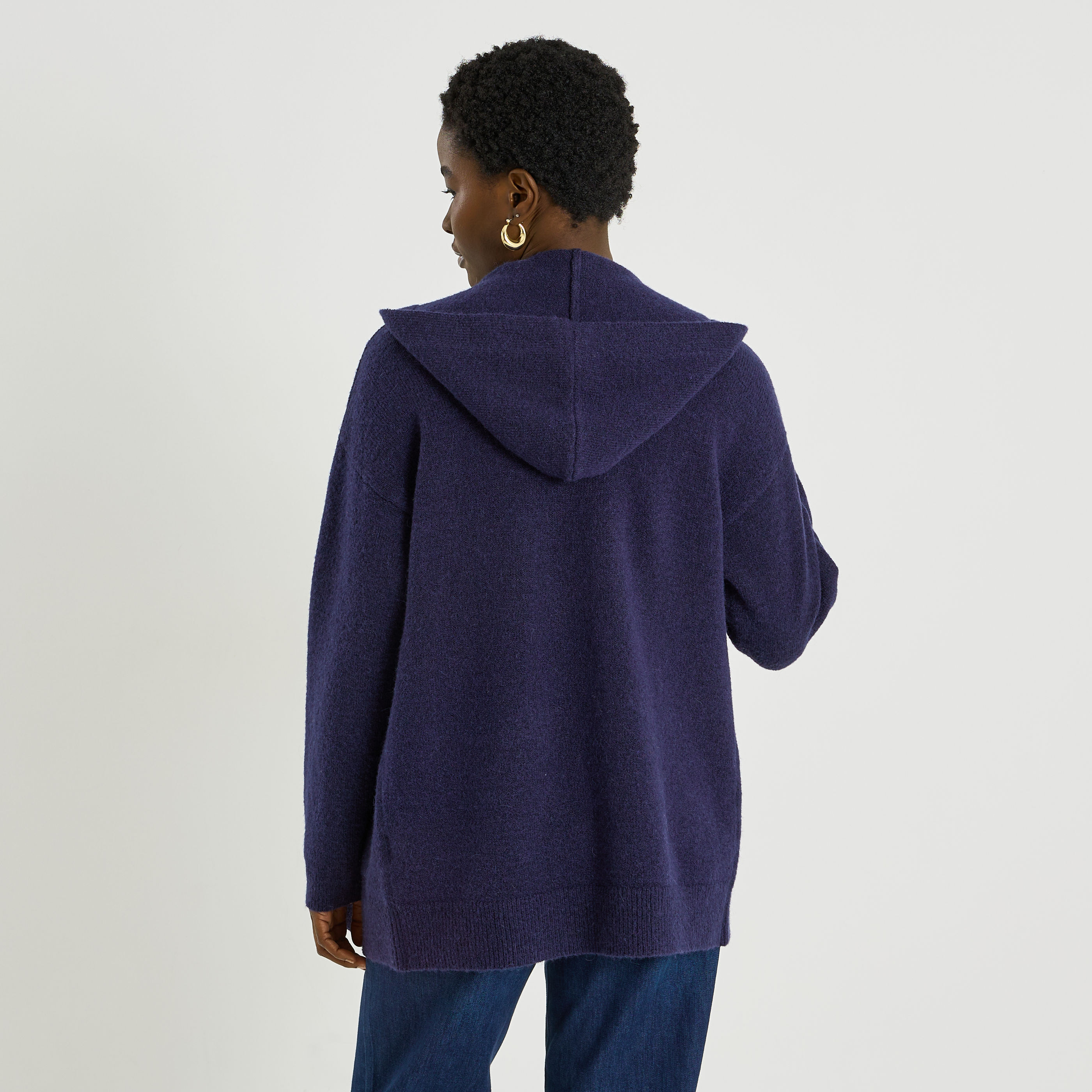 Gilet mi-long &agrave; capuche femme