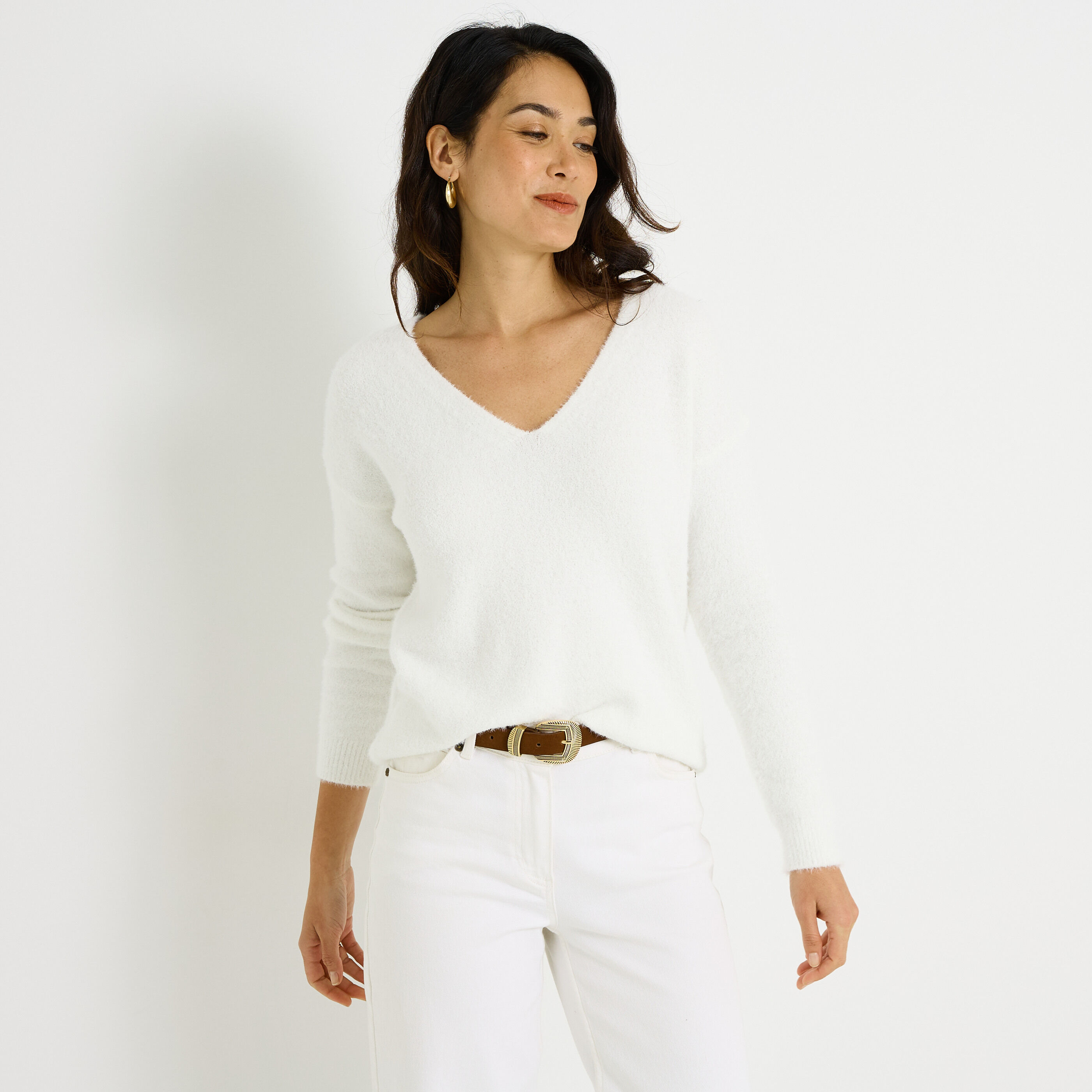 Pull fluffy &agrave; col V femme