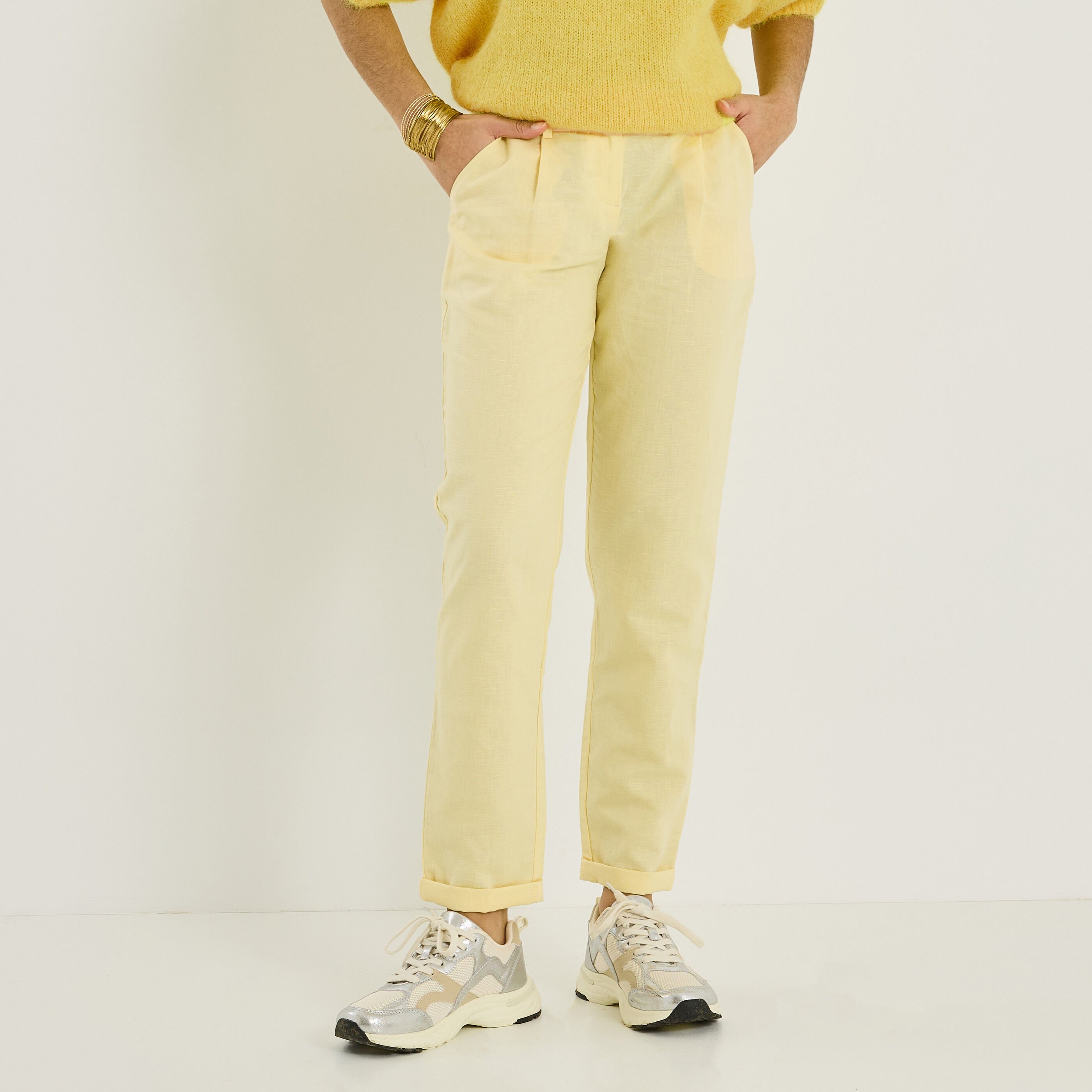 Pantalon &agrave; plis en lin m&eacute;lang&eacute; femme