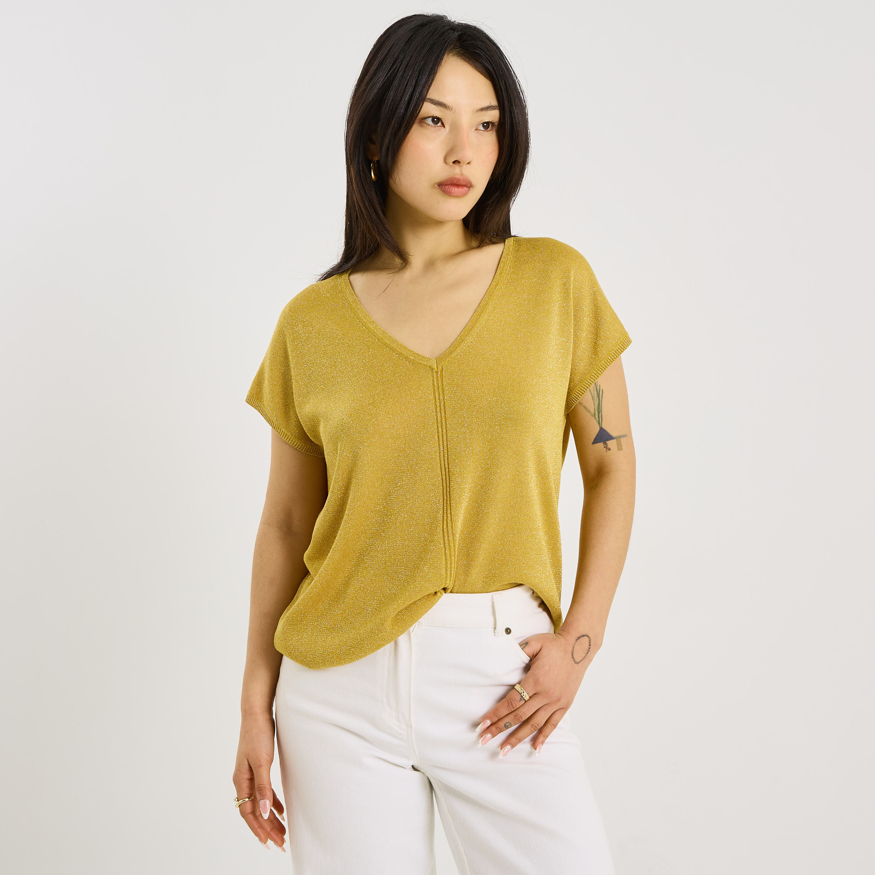 Pull brillant &agrave; manches courtes femme