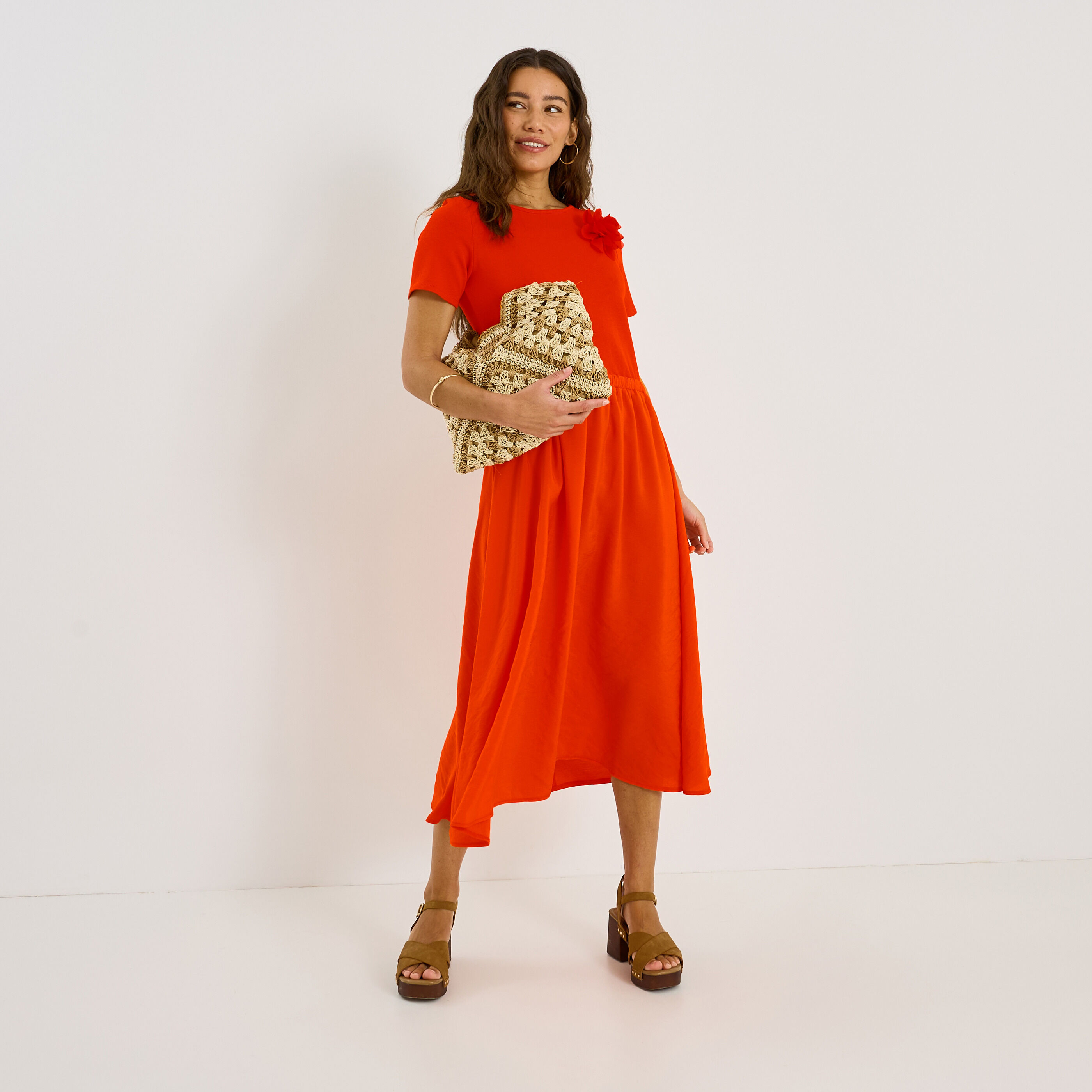 Robe longue bi-mati&egrave;re manches courtes