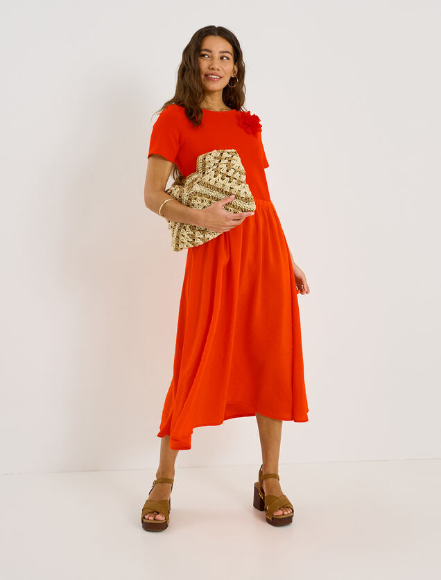 Robe longue bi-mati&egrave;re manches courtes