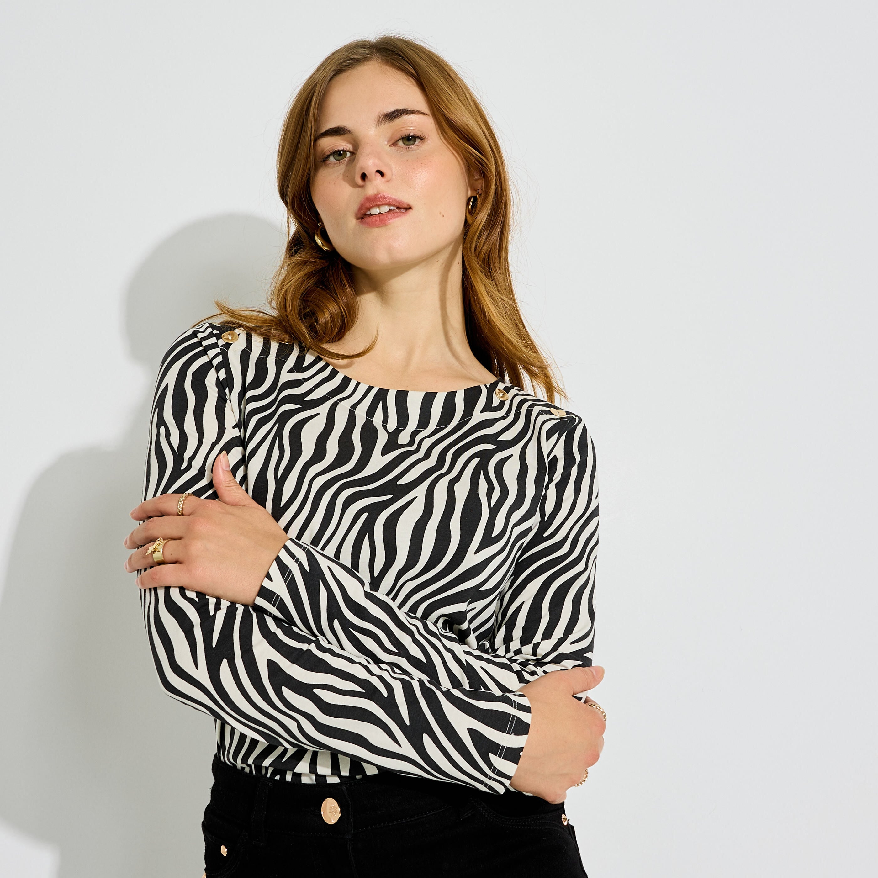 T-shirt motif z&eacute;br&eacute; boutons femme