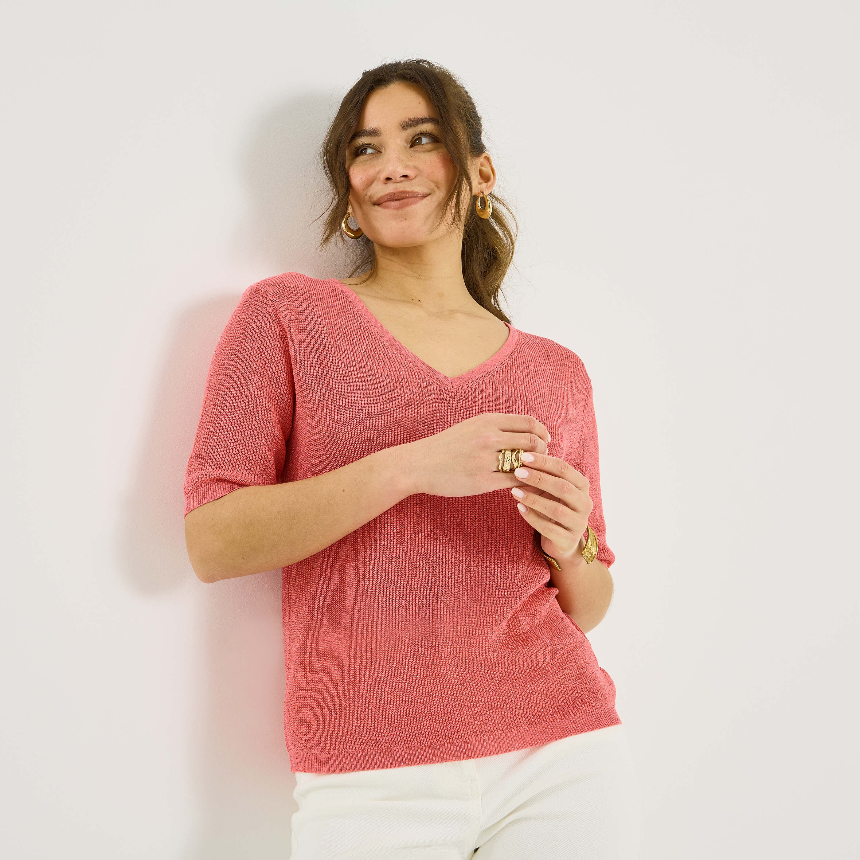 Pull manches courtes brillant femme