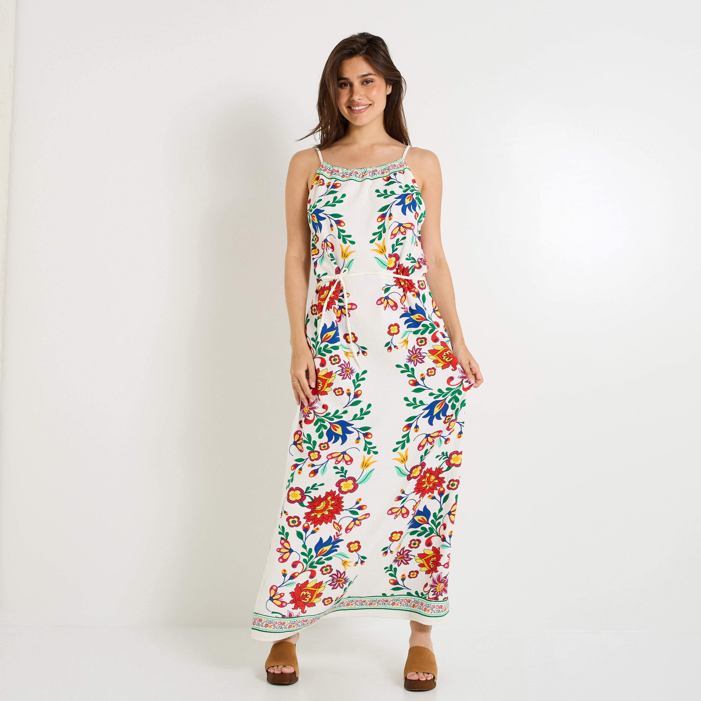 Robe longue imprim&eacute;e &agrave; bretelles