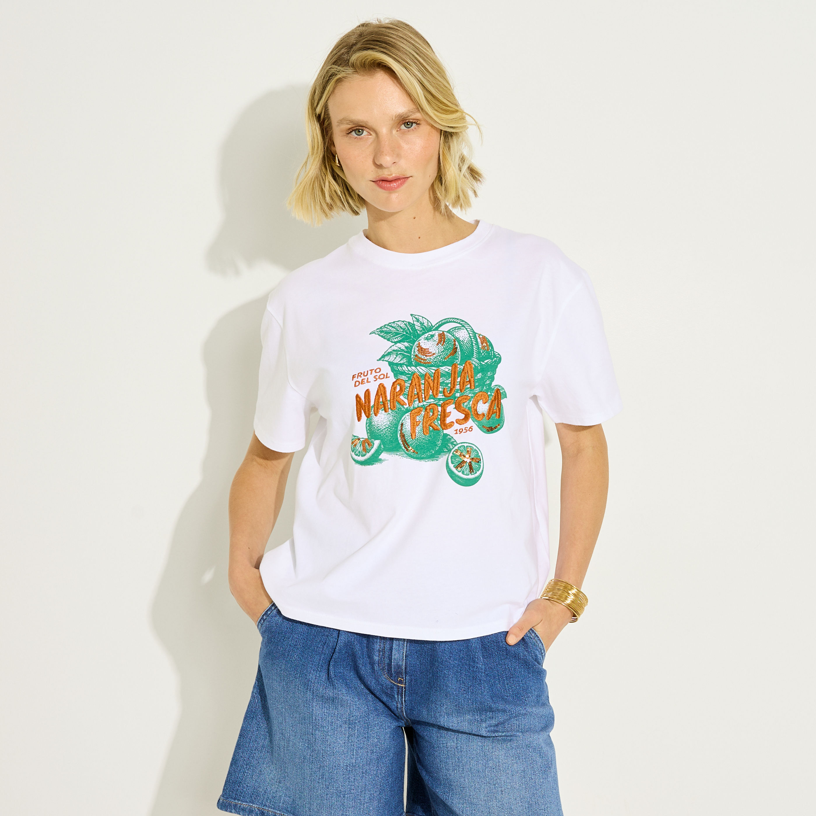 T-shirt imprim&eacute; avec sequins femme