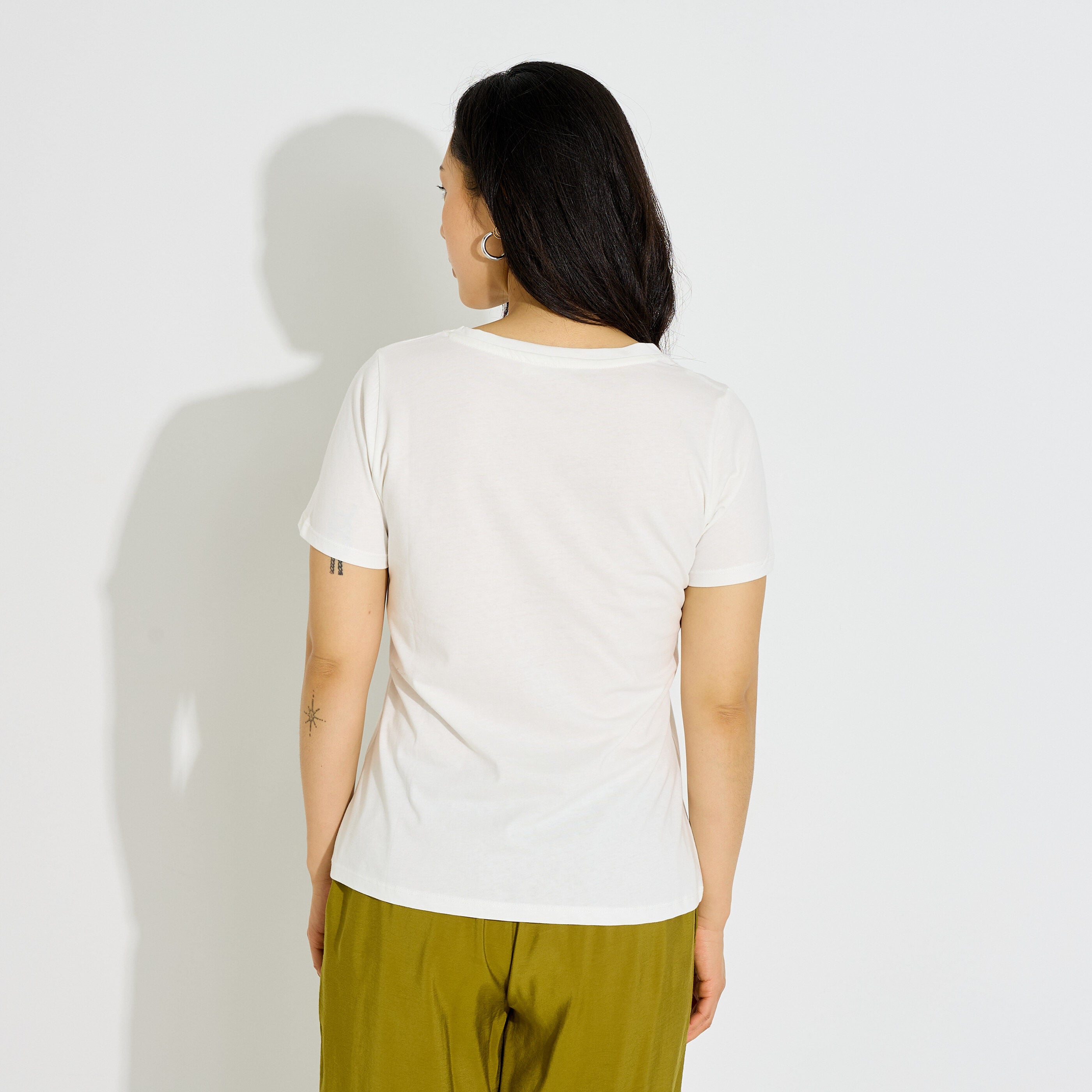 T-shirt col rond broderie palmier femme