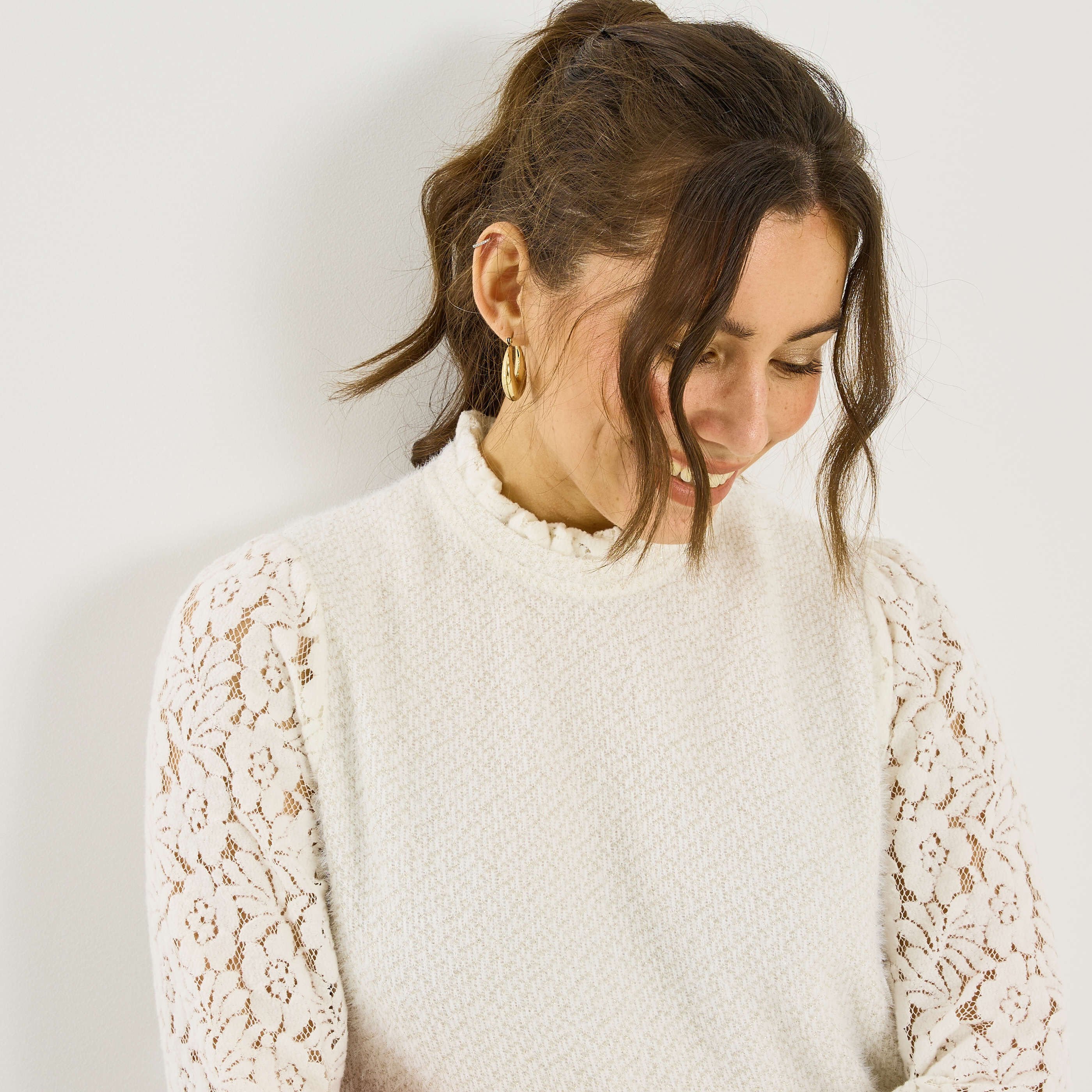 T-shirt bi-mati&egrave;re brillant femme