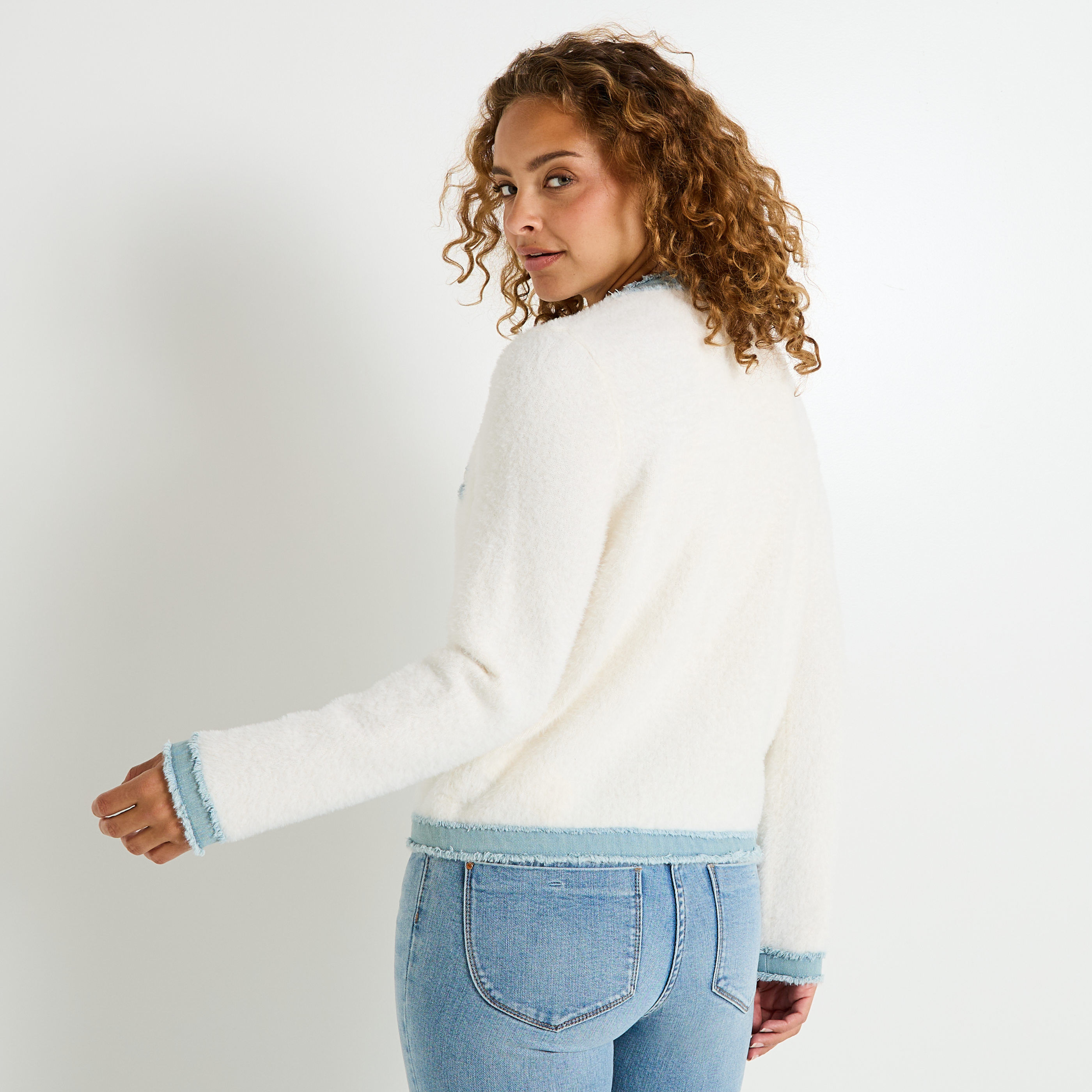 Gilet fluffy d&eacute;tail en denim femme