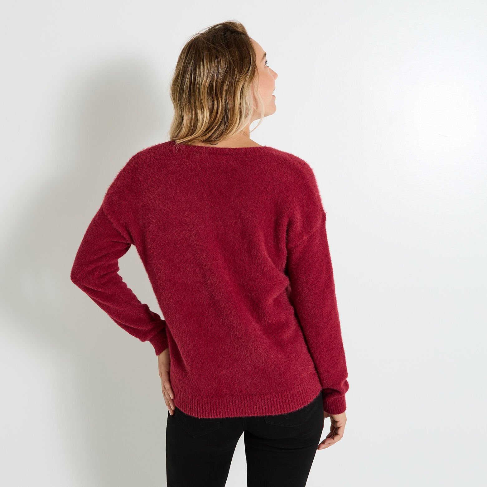 Pull fluffy à col V femme