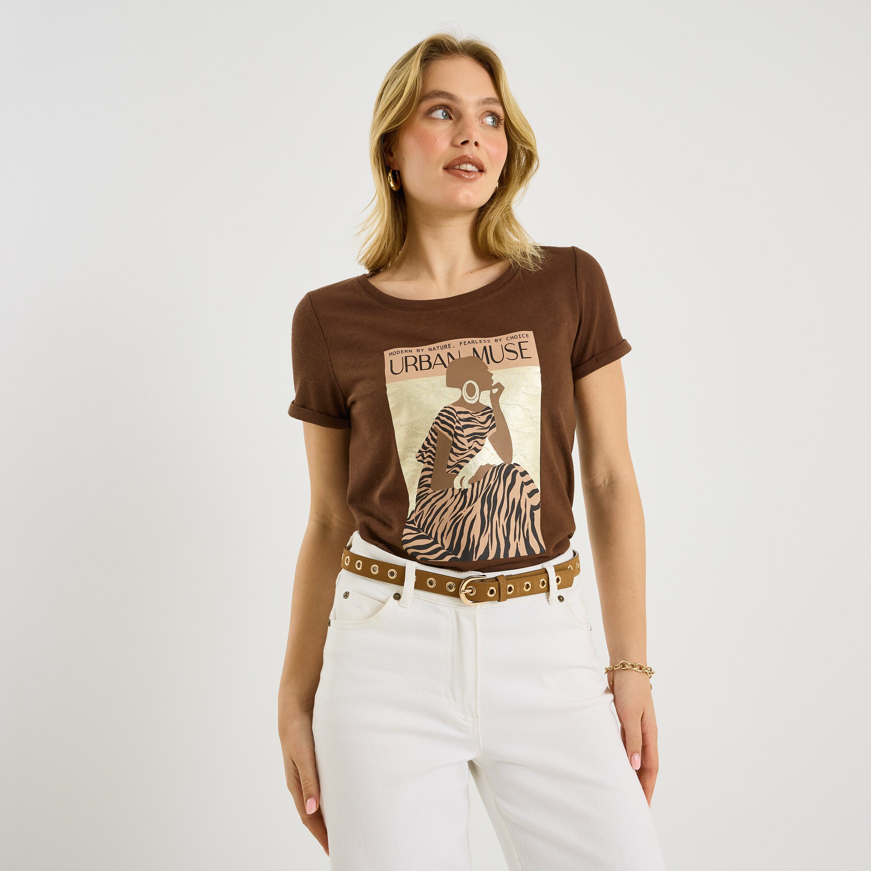 T-shirt imprim&eacute; manches &agrave; revers femme