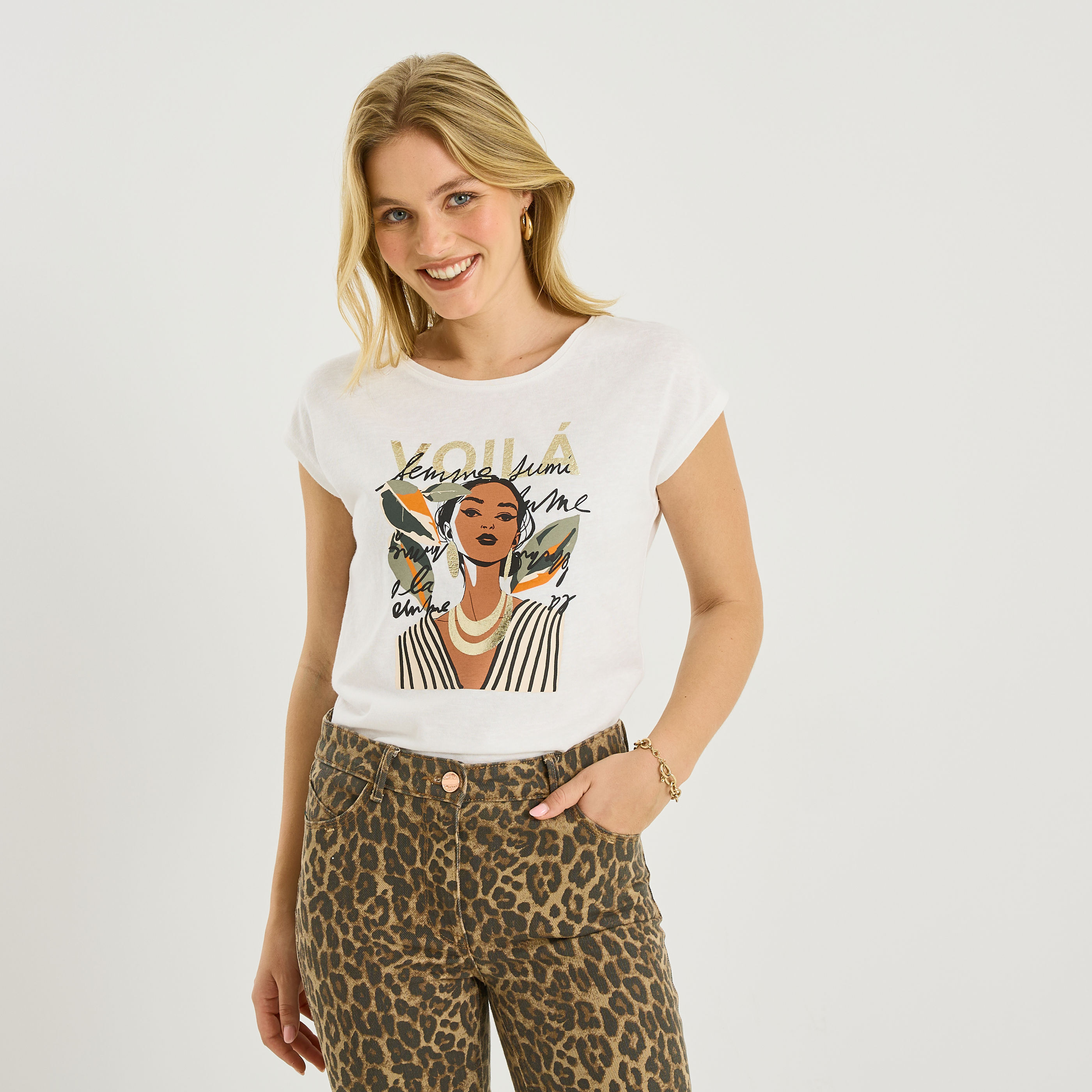 T-shirt col rond imprim&eacute; femme