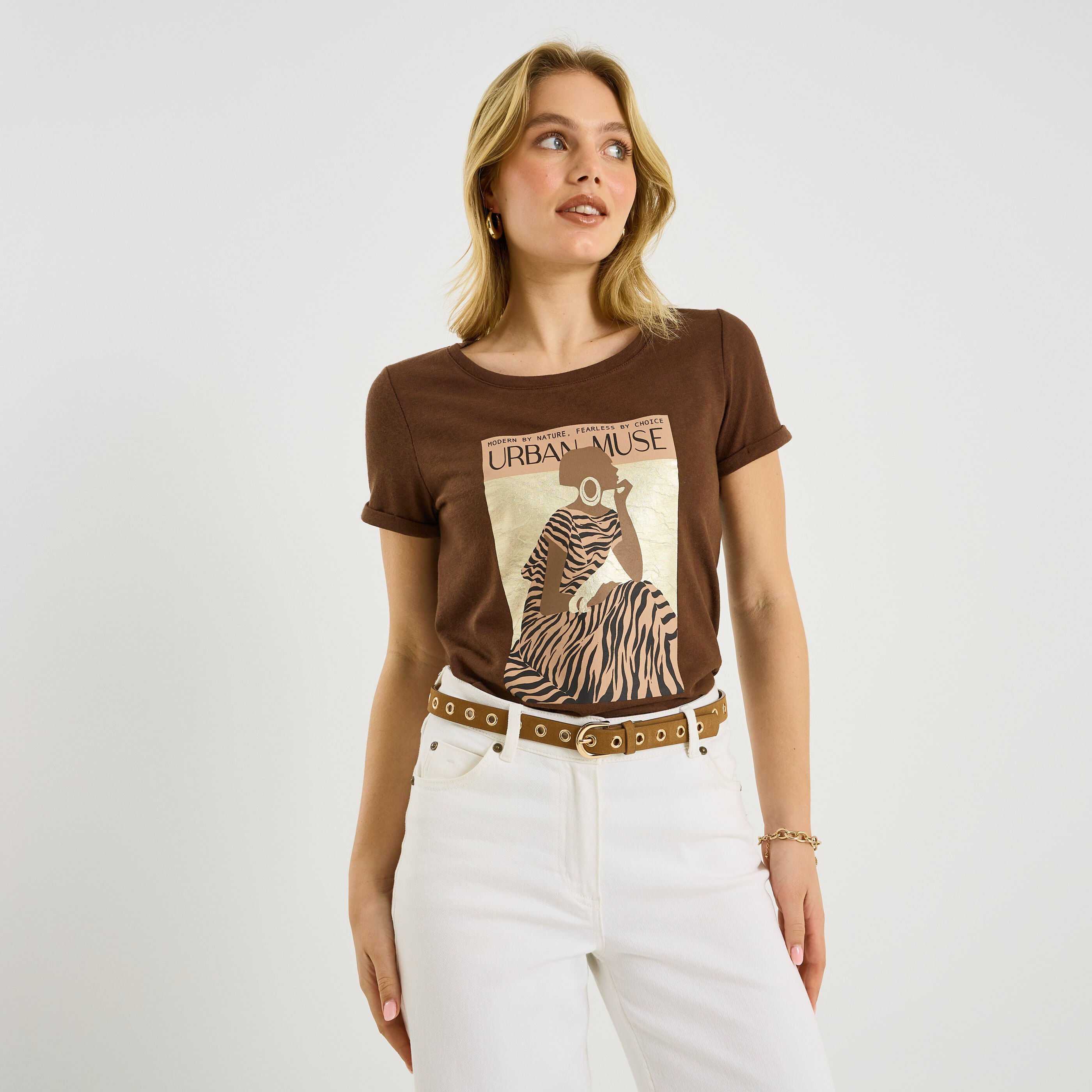 T-shirt imprim&eacute; manches &agrave; revers femme