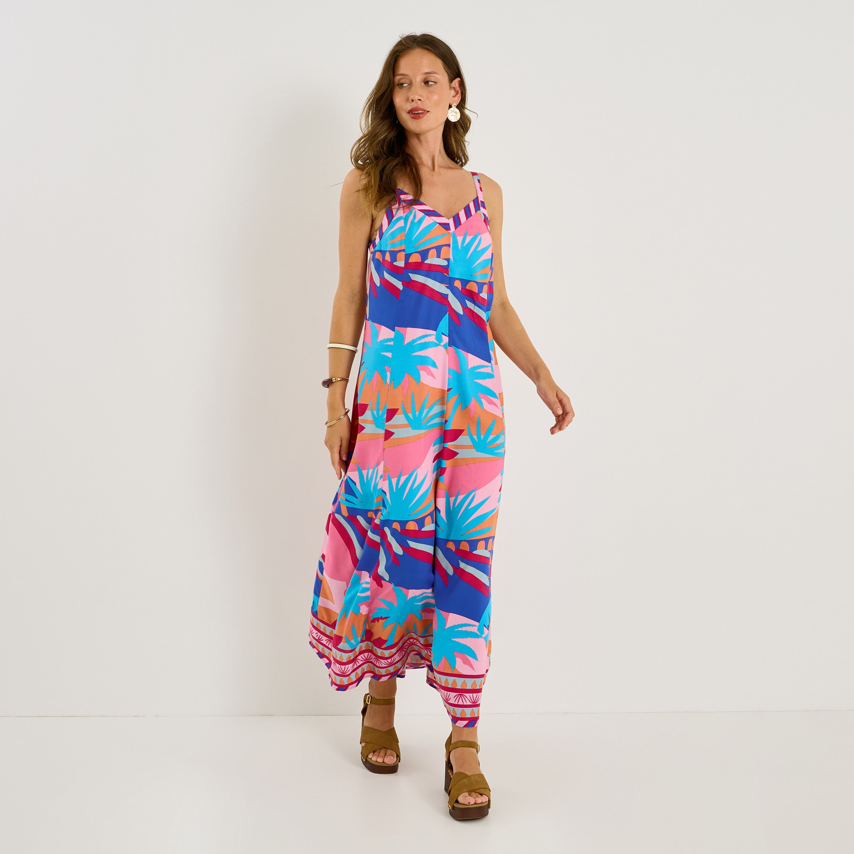 Robe longue imprim&eacute;e &agrave; bretelles