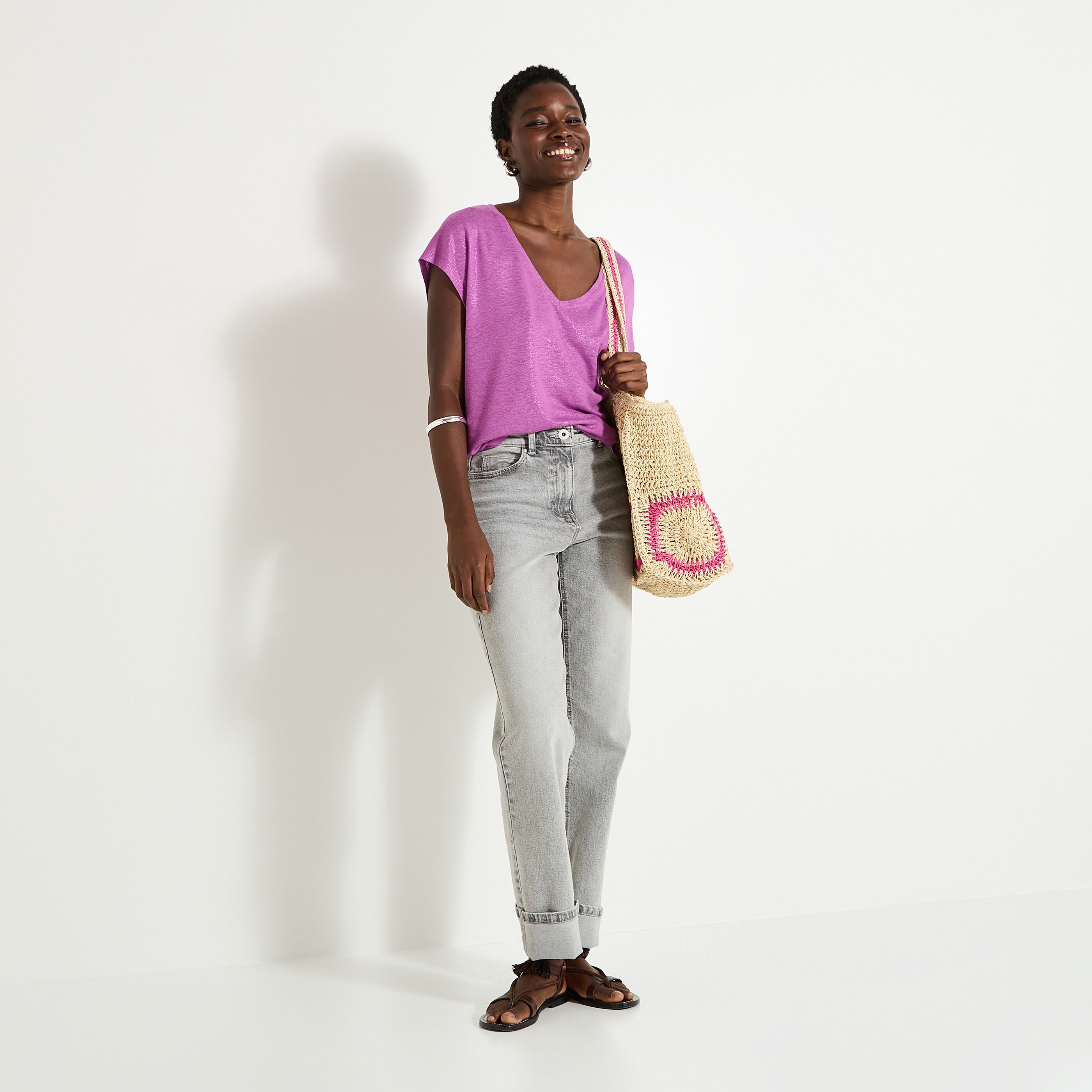 T-shirt en lin m&eacute;lang&eacute; femme