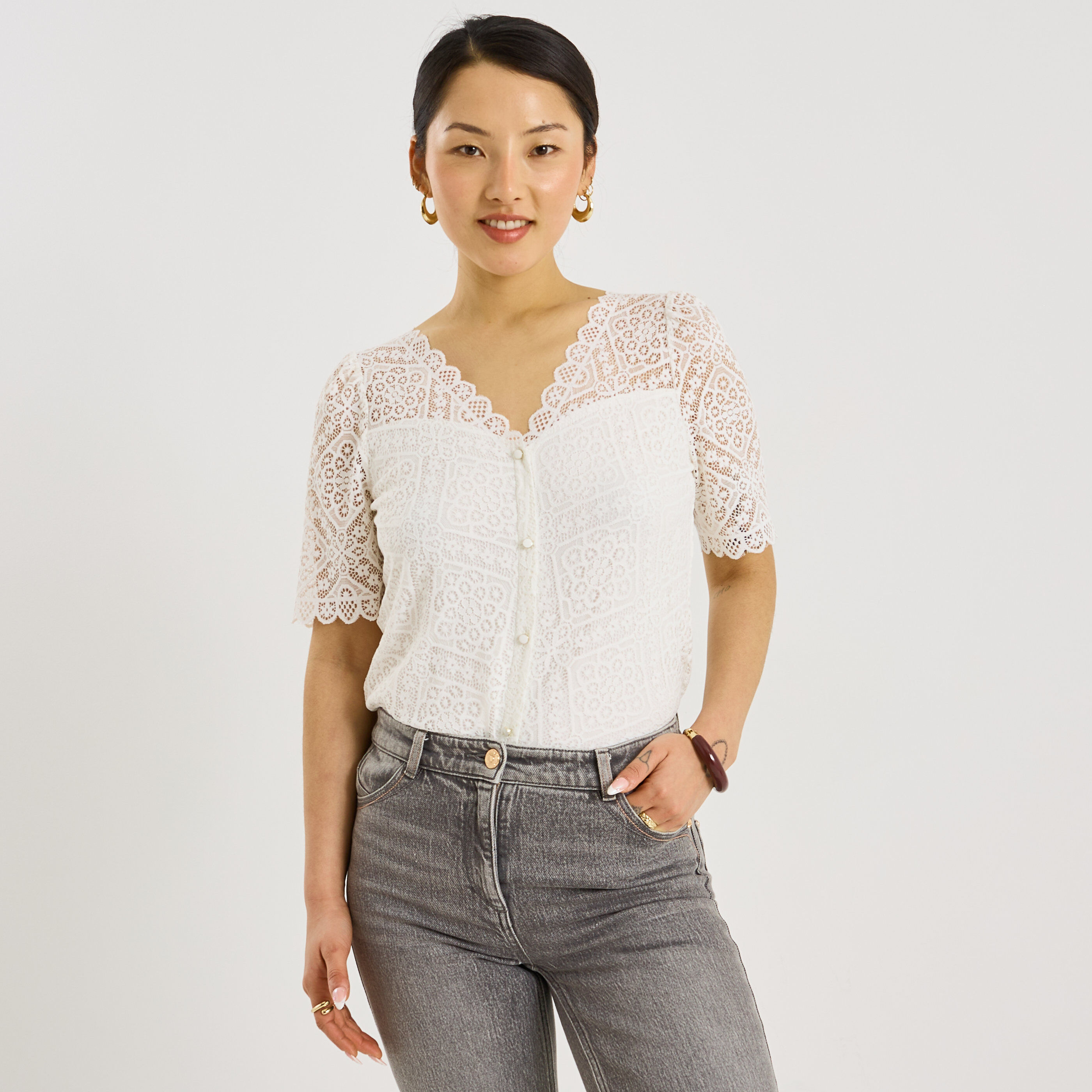 Blouse ajour&eacute;e col V femme