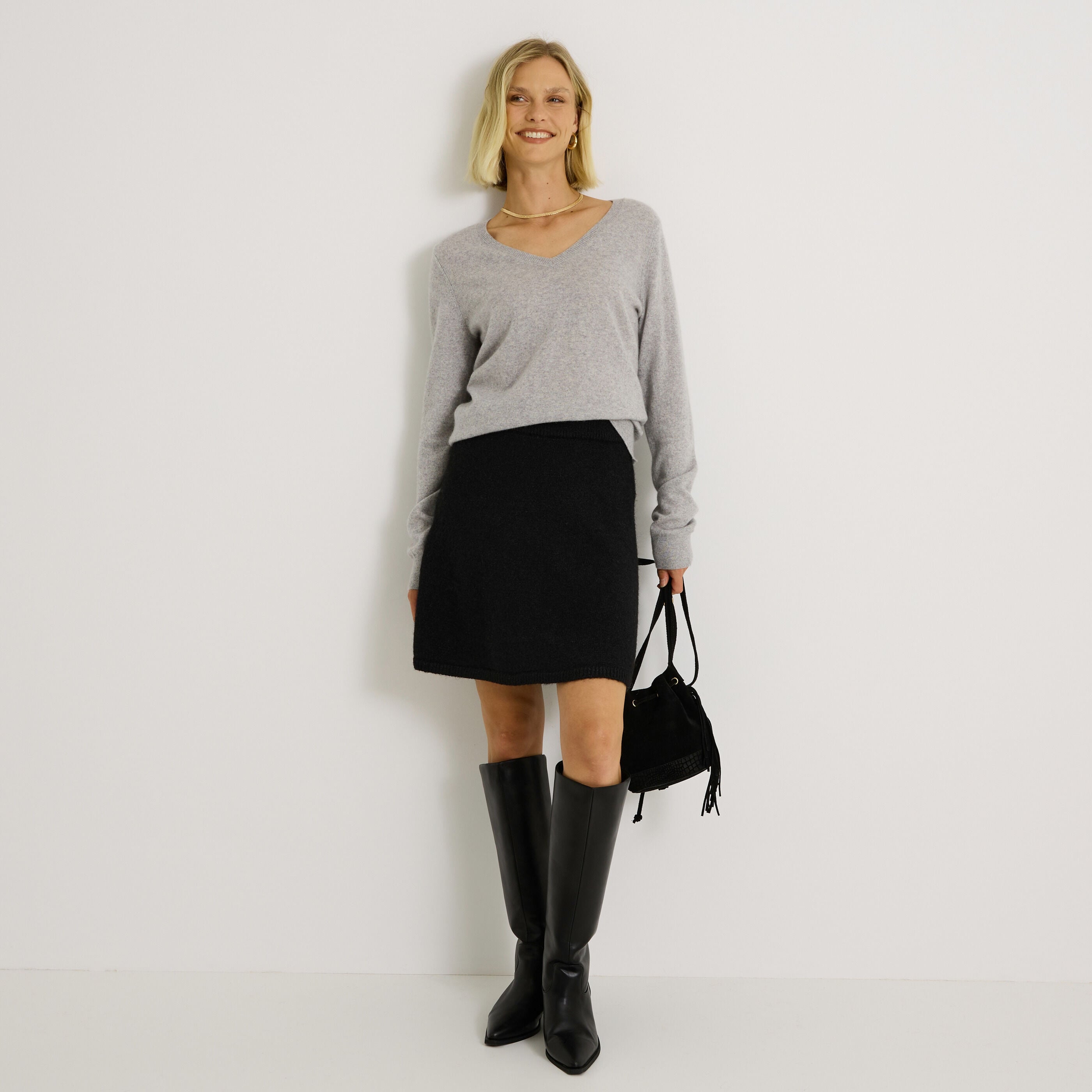 Pull col V laine et cachemire femme