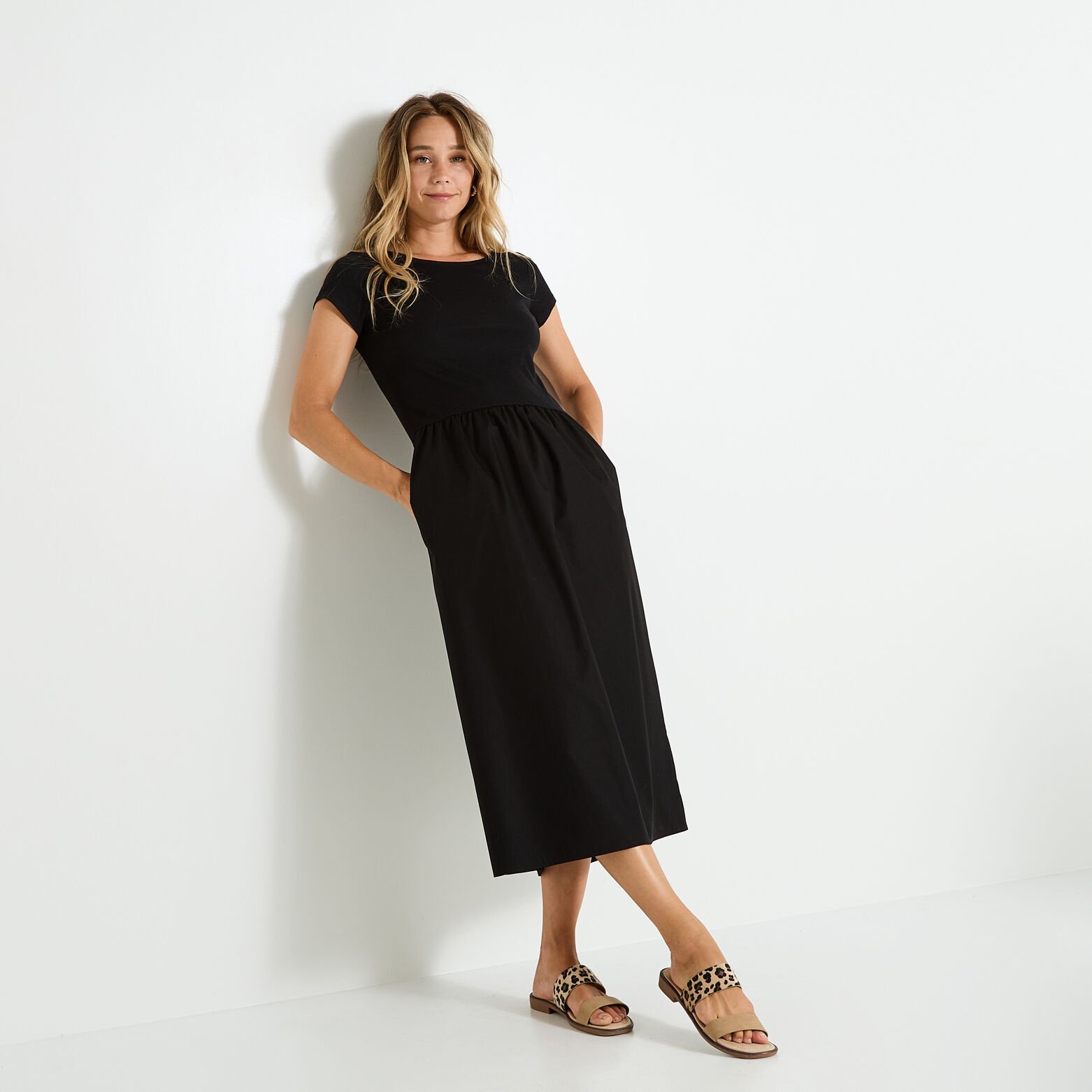 Robe évasée bi-matière à poches 