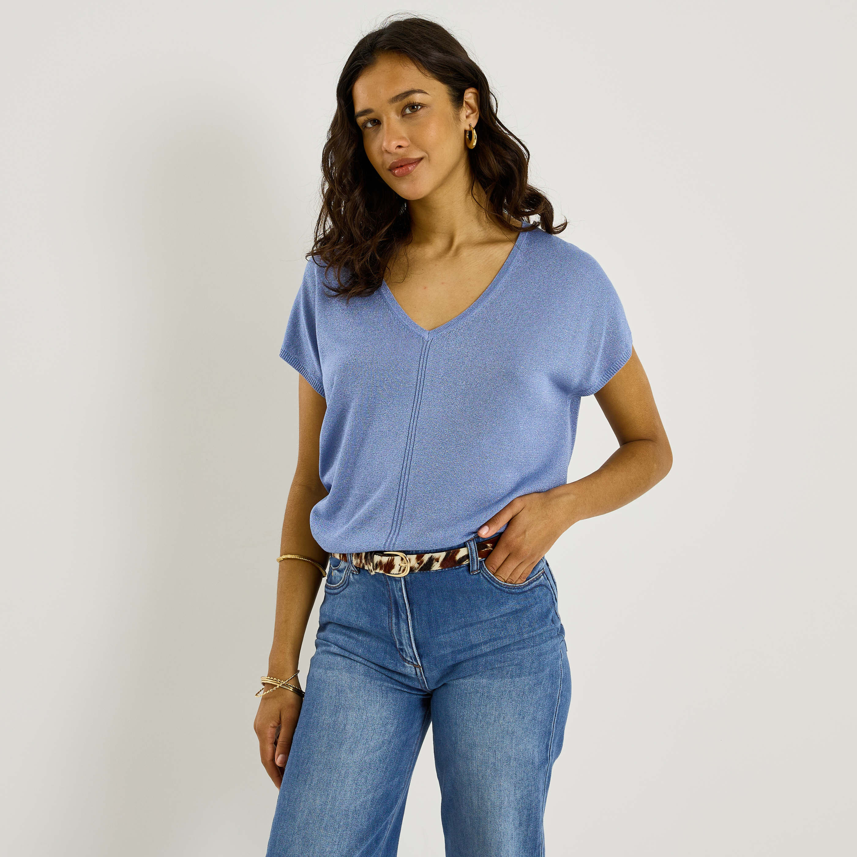 Pull brillant manches courtes femme