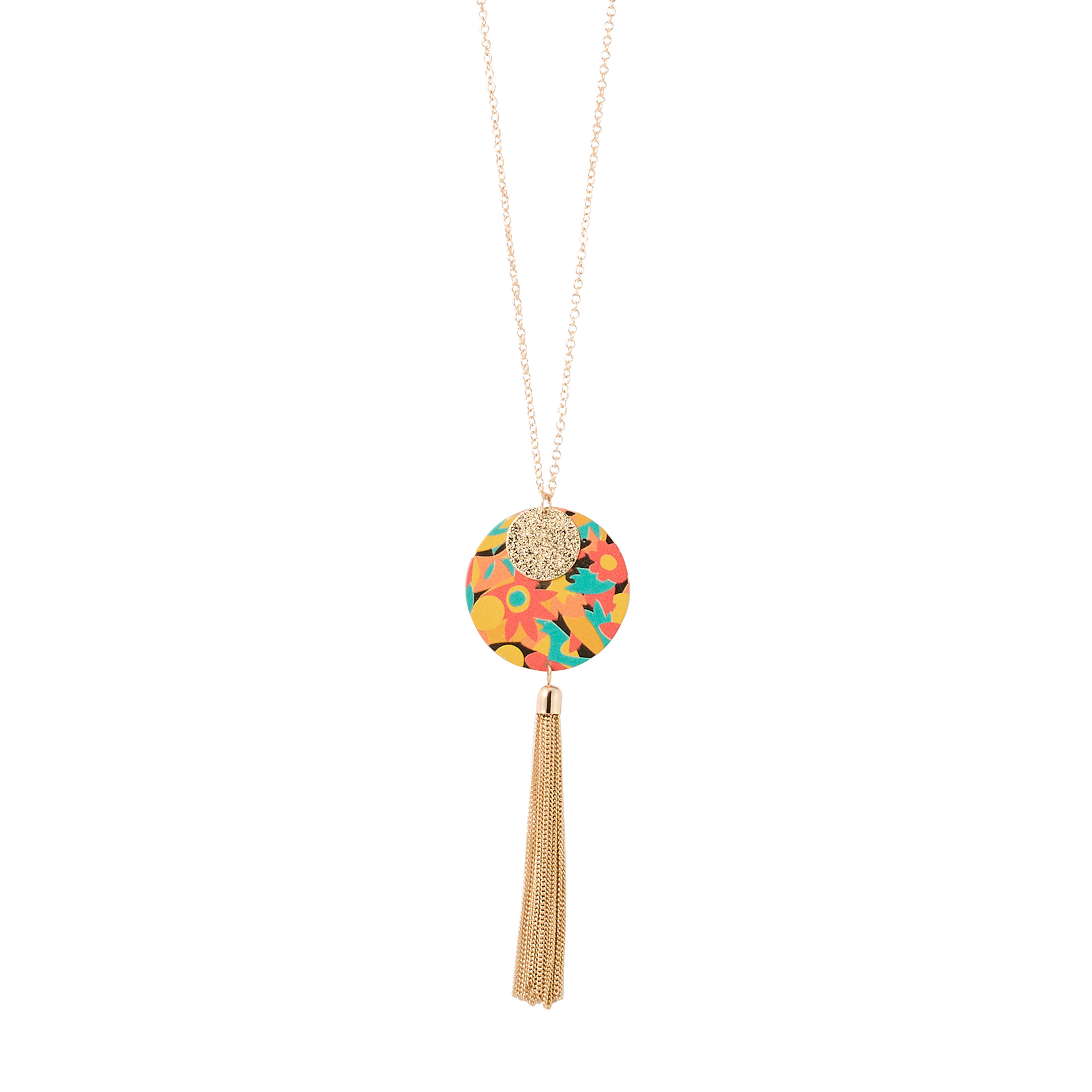 Collier disque imprim&eacute; avec pompon femme