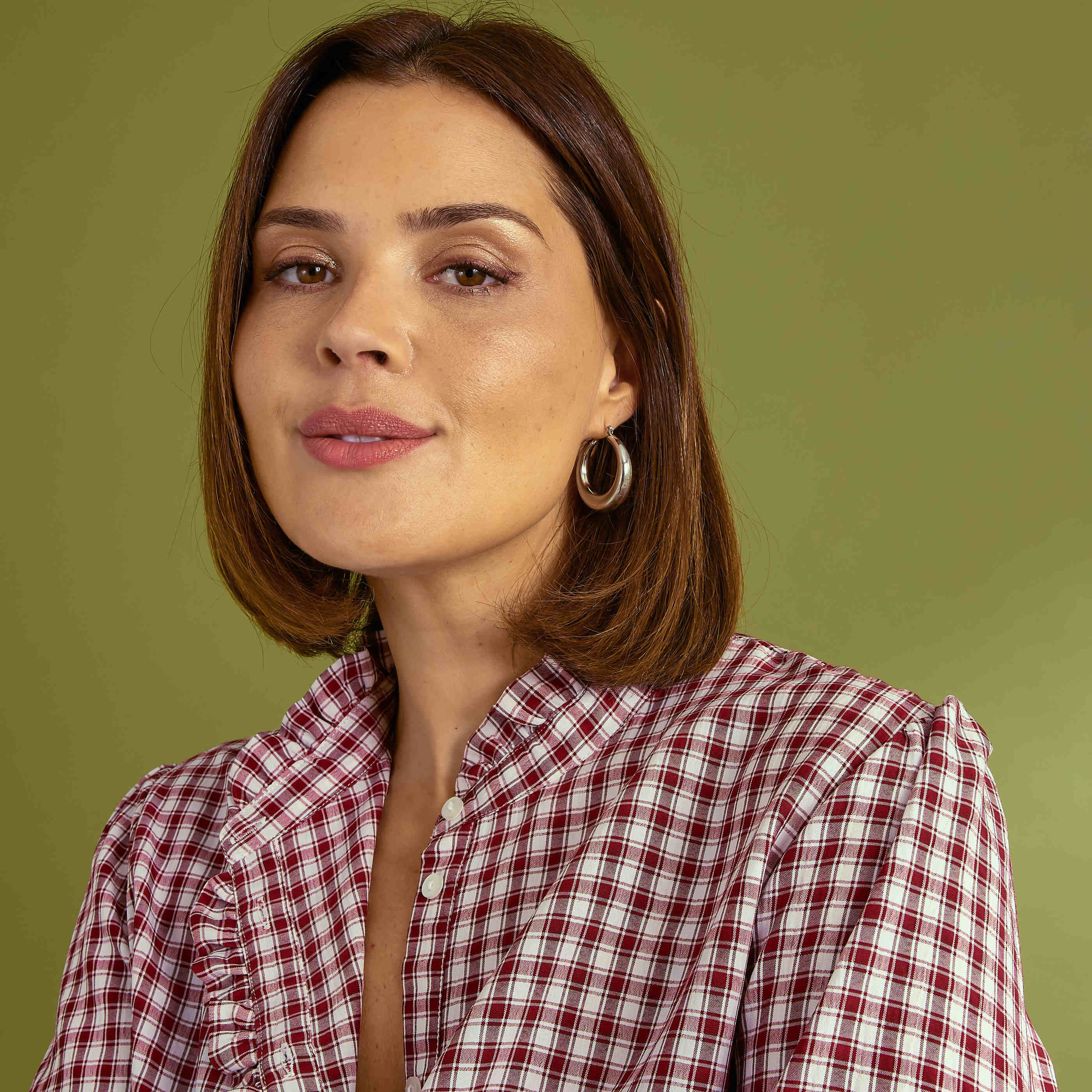 Blouse vichy &agrave; col montant femme