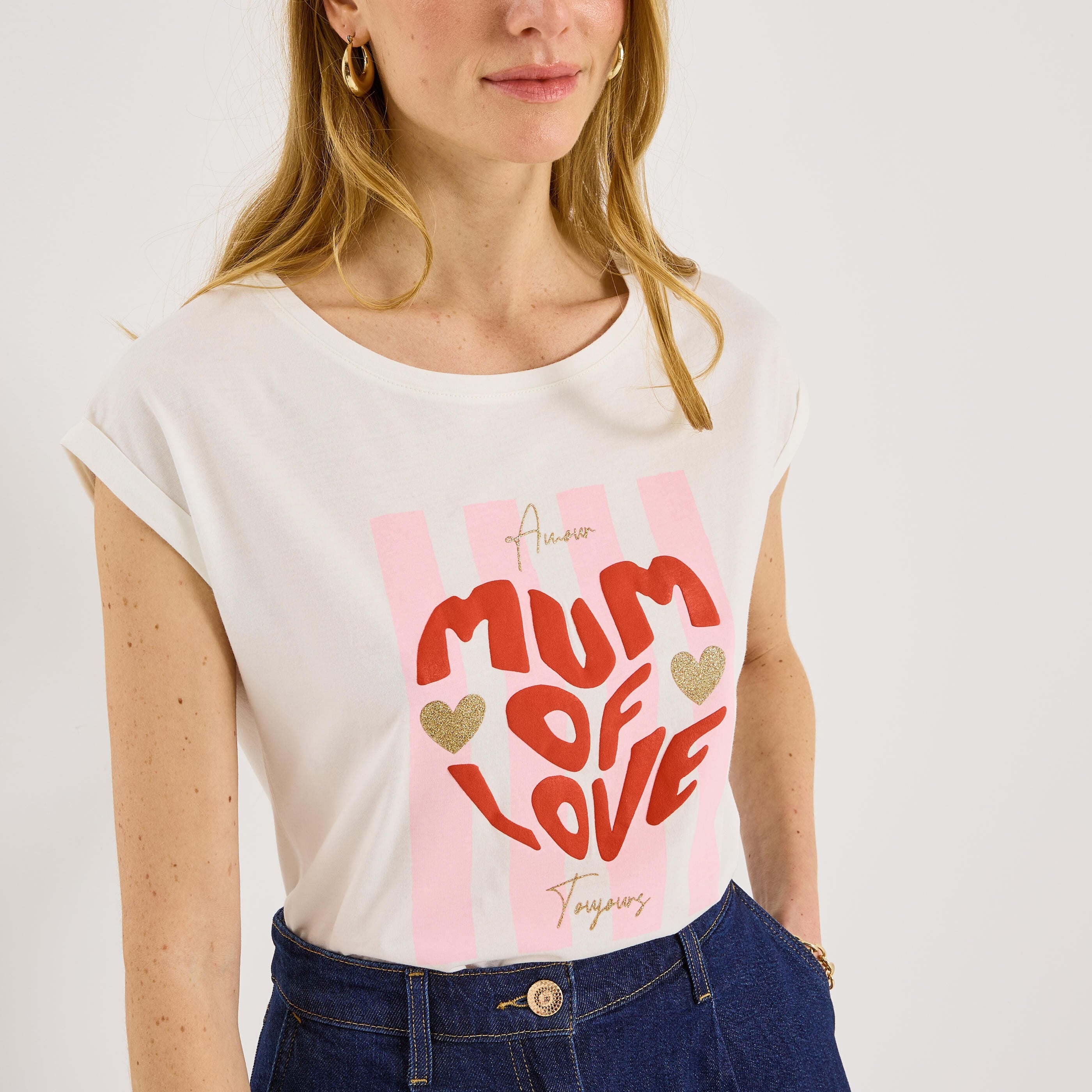 T-shirt col rond print c&oelig;ur femme