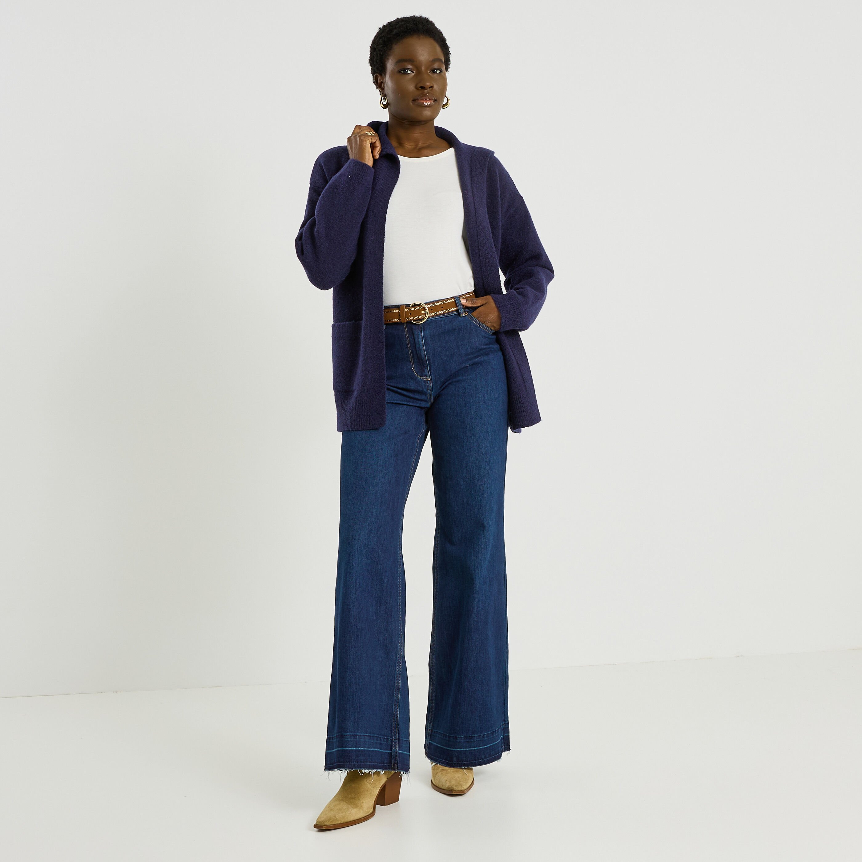 Gilet mi-long &agrave; capuche femme