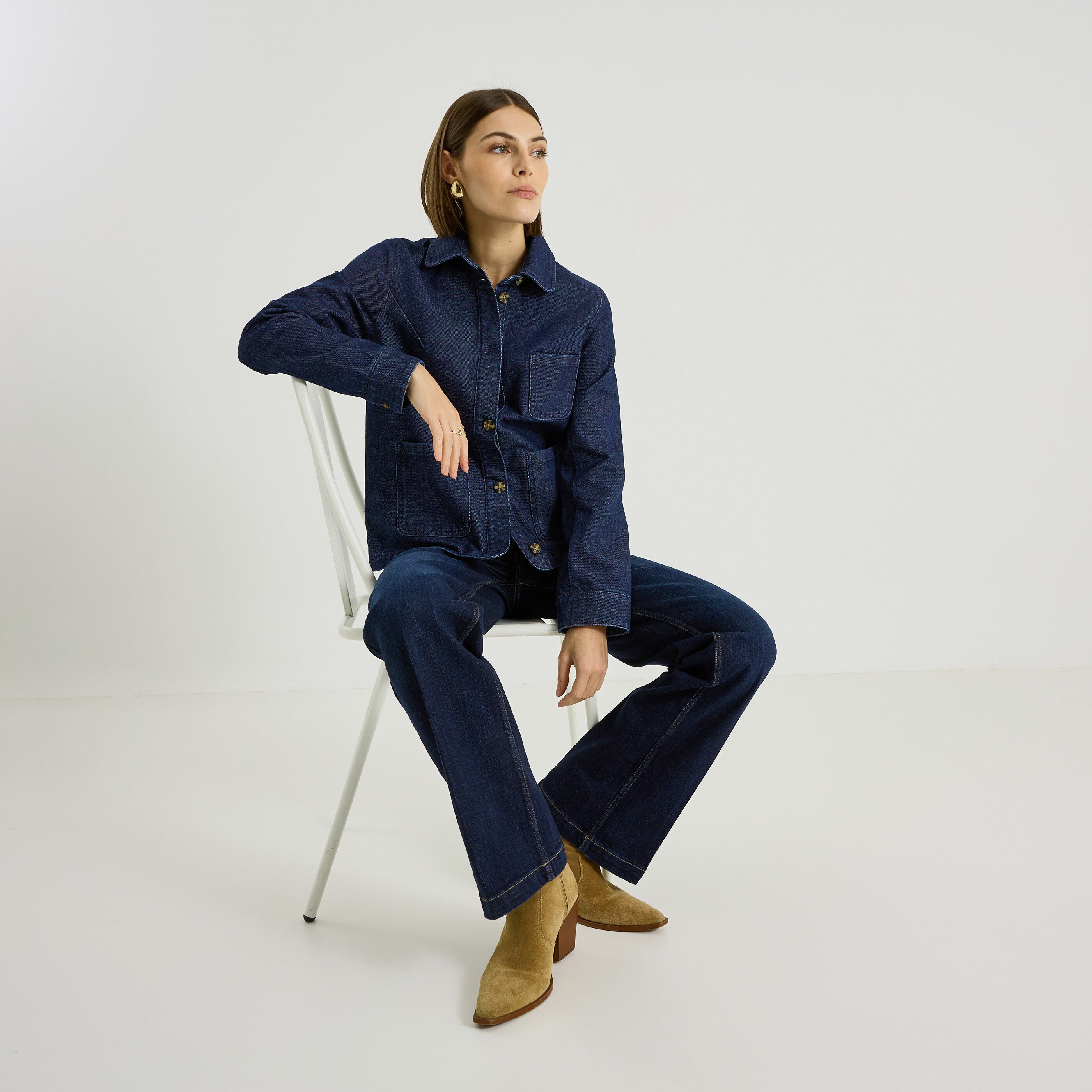 Veste col chemise en denim femme