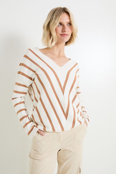 Pull col V à rayures femme
