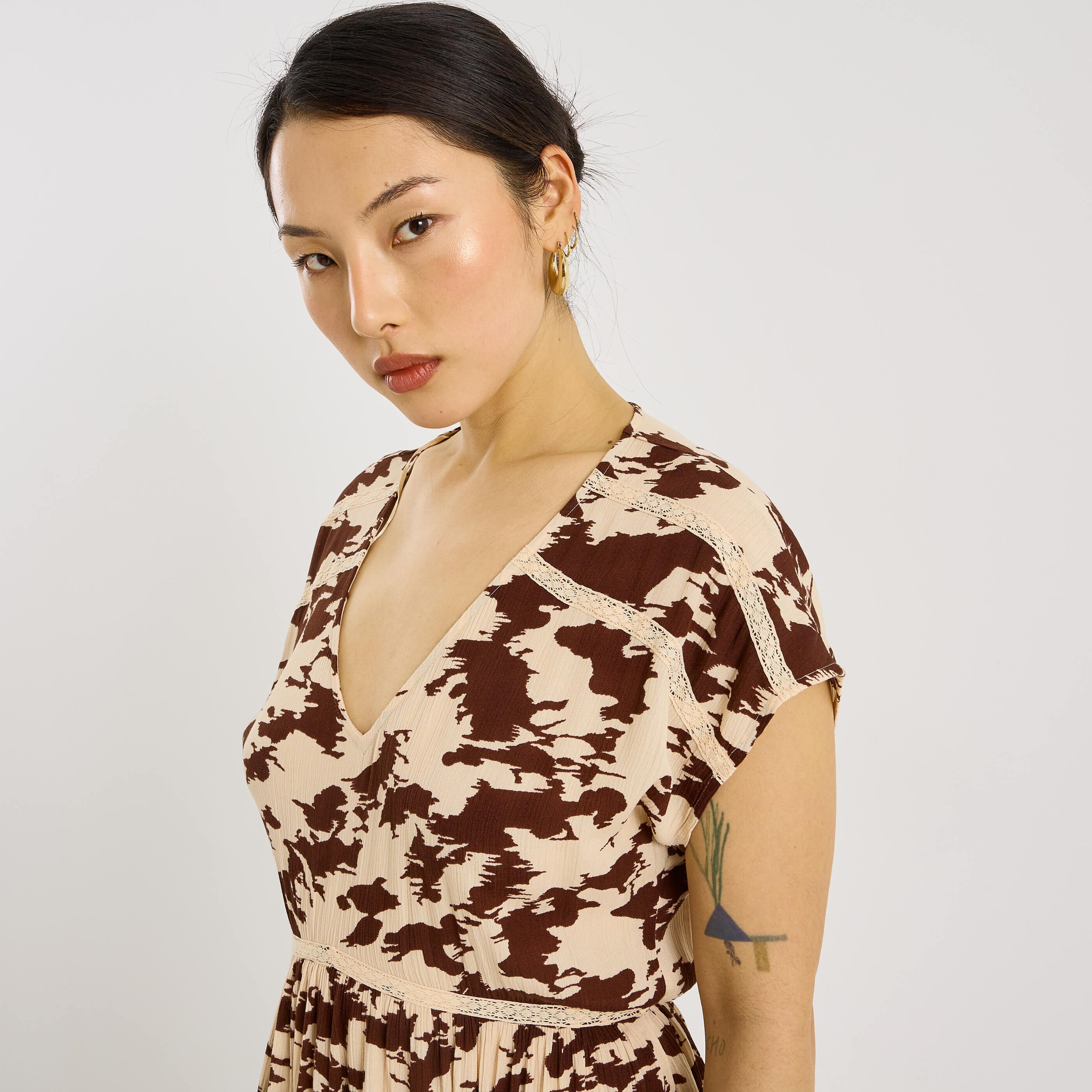 Robe longue fluide imprim&eacute; vache 