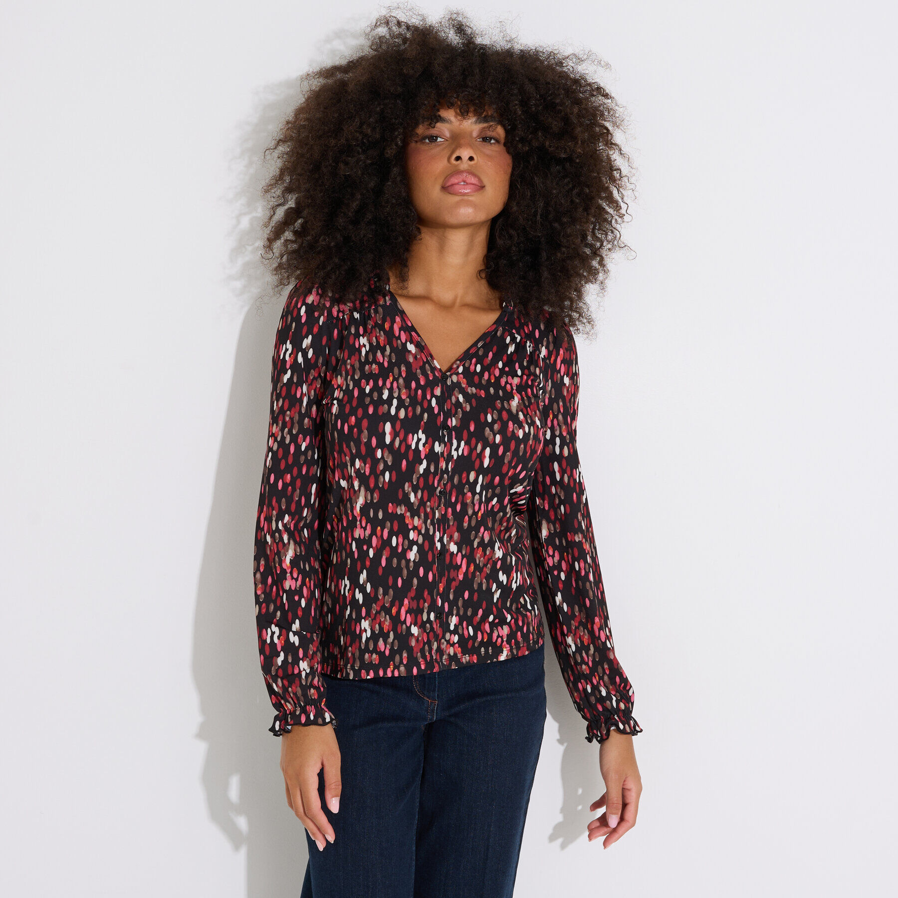 Blouse imprim&eacute; pois col V femme