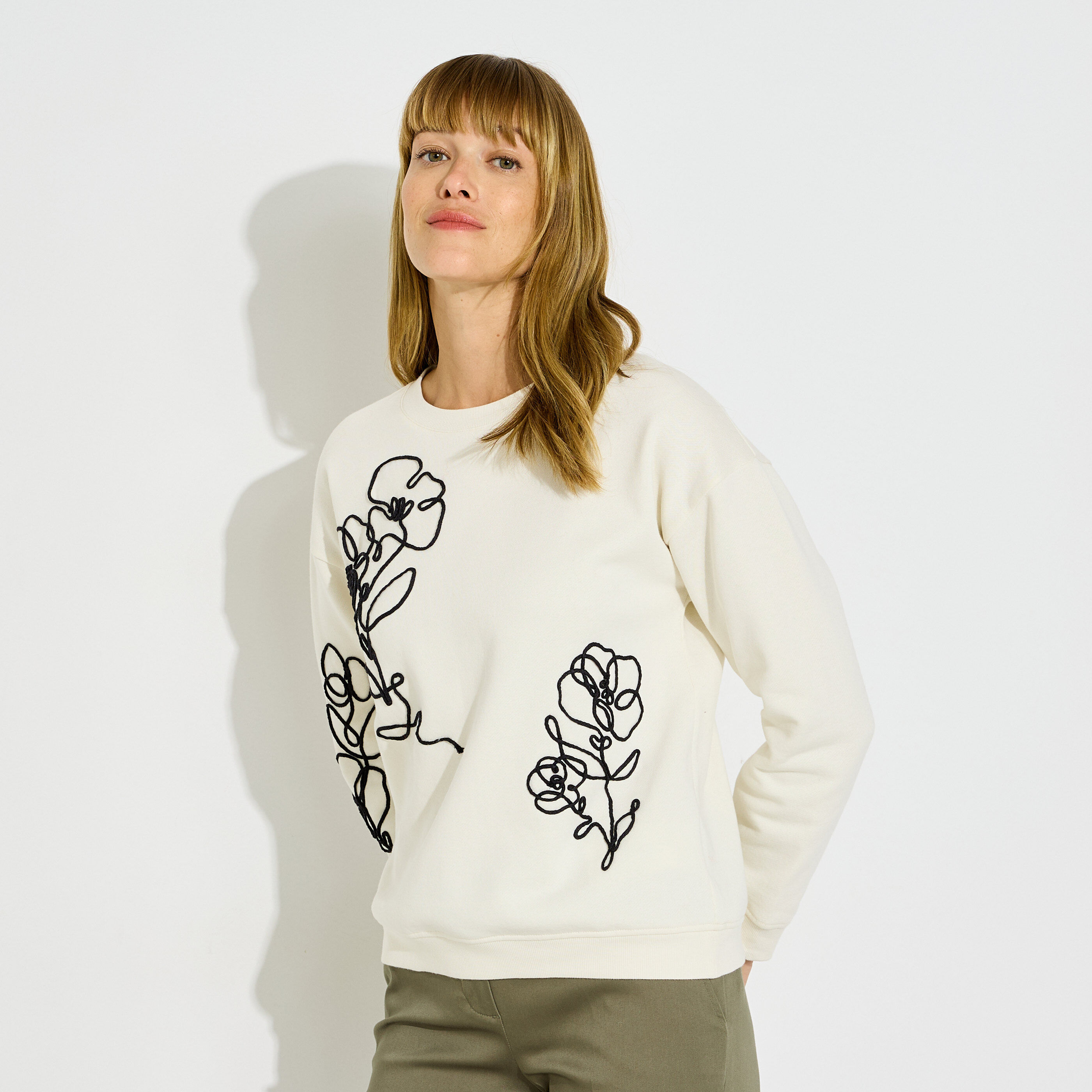 Sweat brod&eacute; motifs fleurs femme