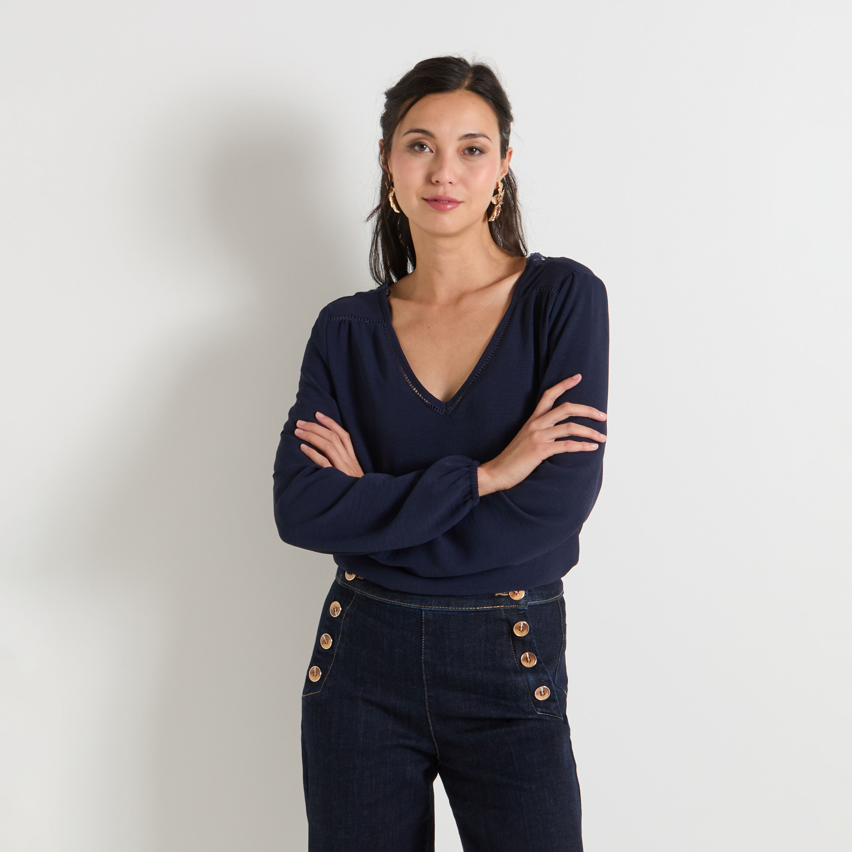 Blouse col V manches longues femme