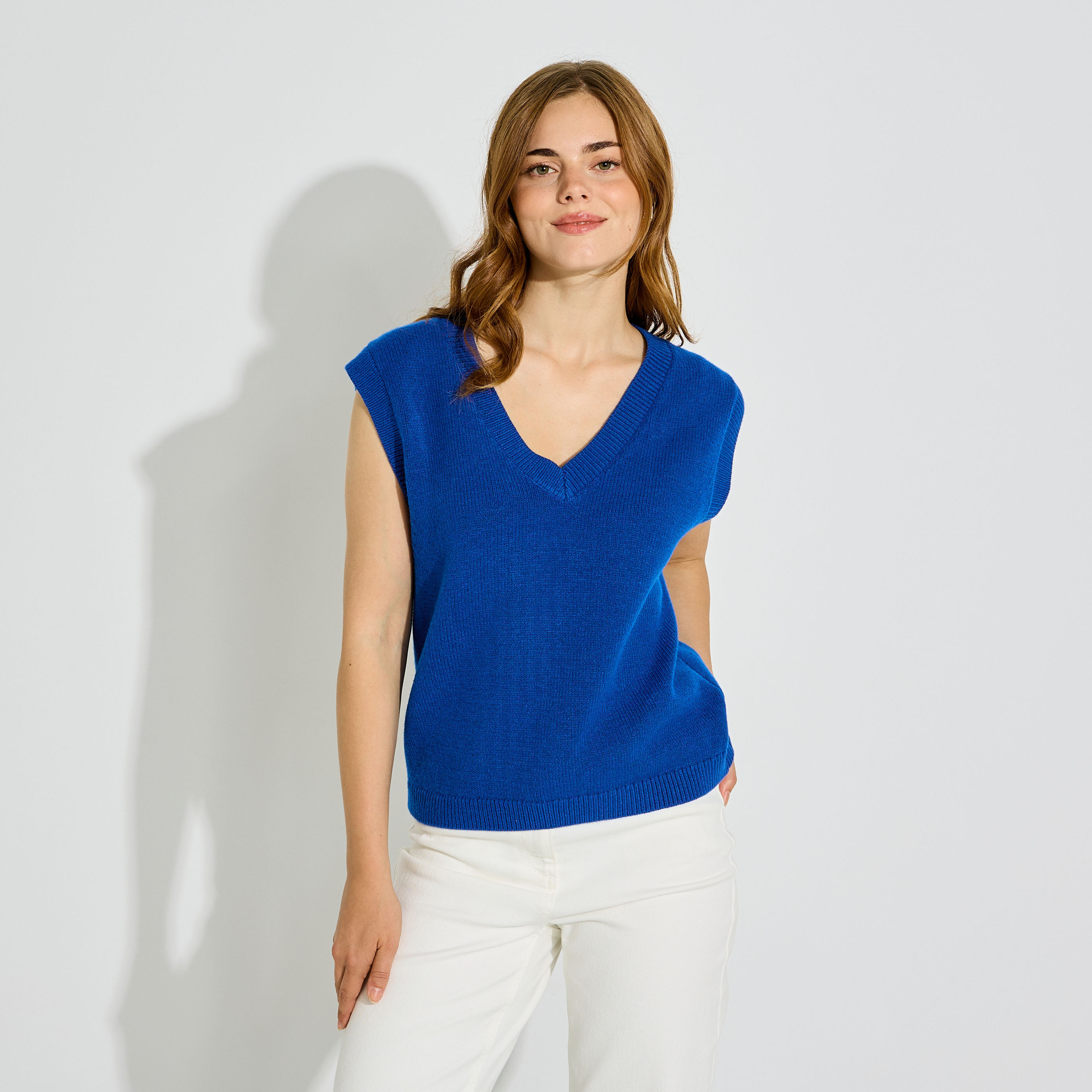 Pull sans manches col V femme