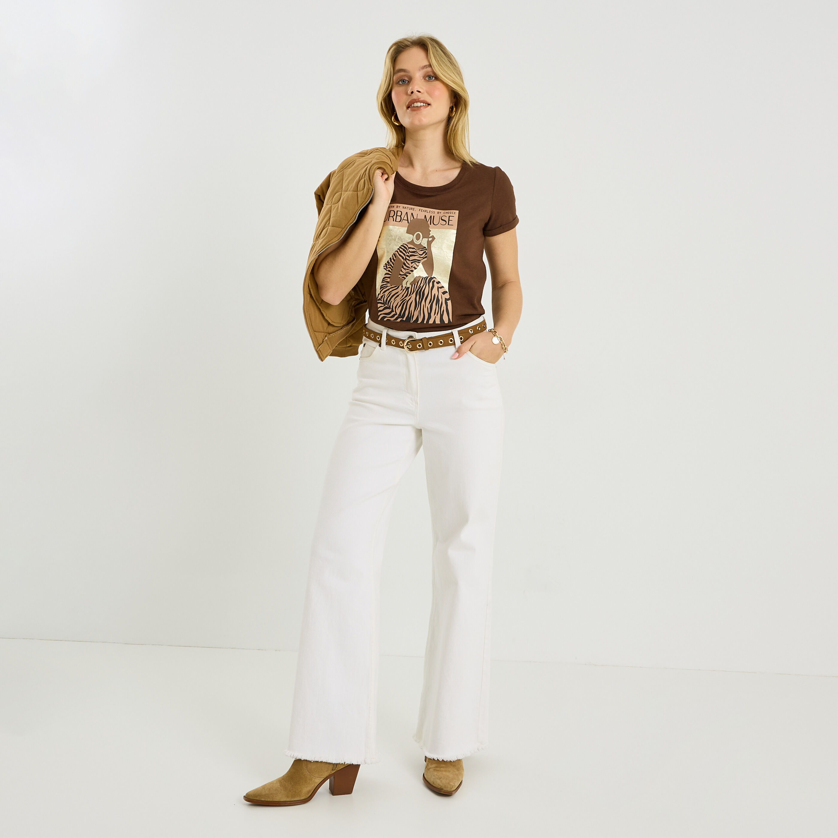 T-shirt imprim&eacute; manches &agrave; revers femme