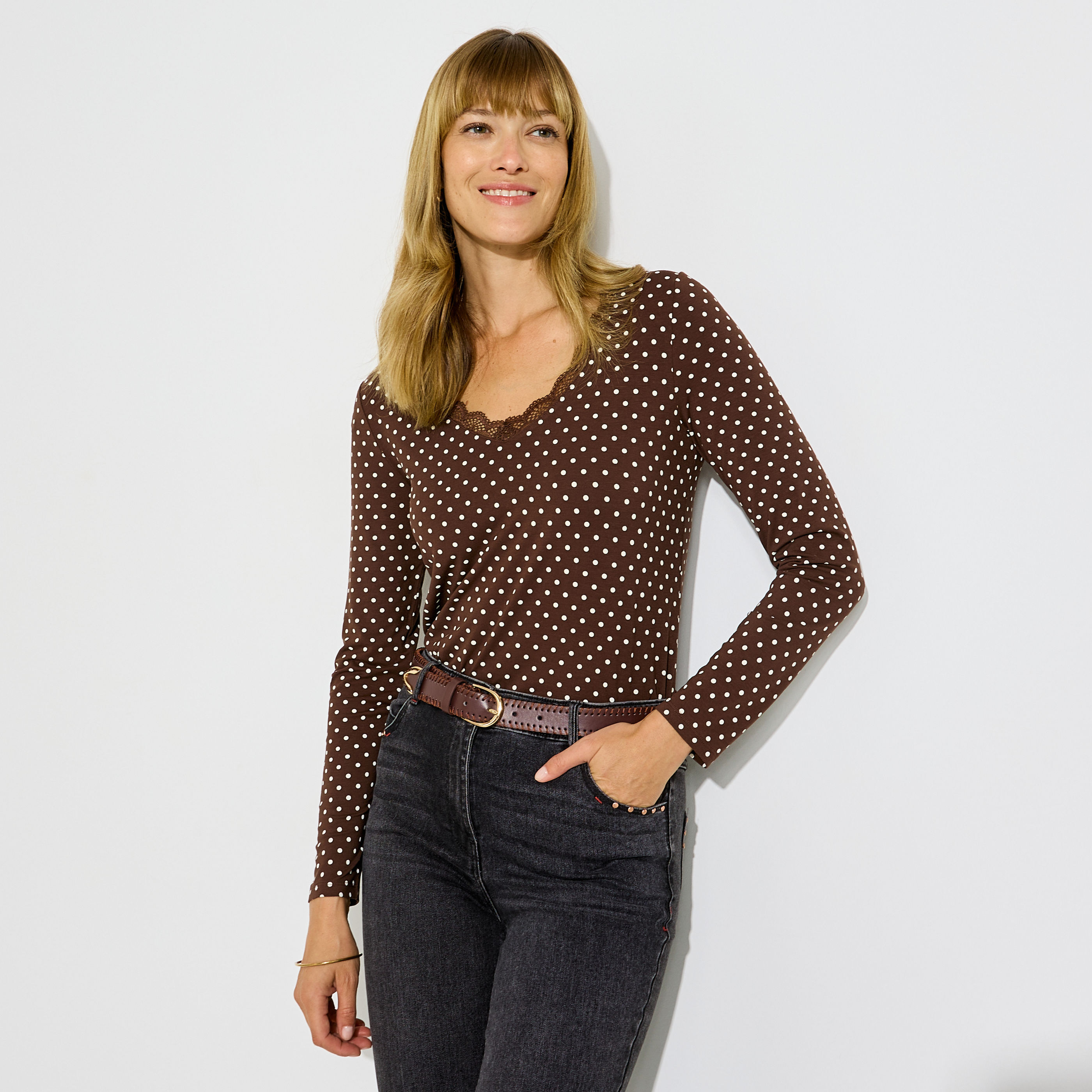T-shirt manches longues motif pois femme