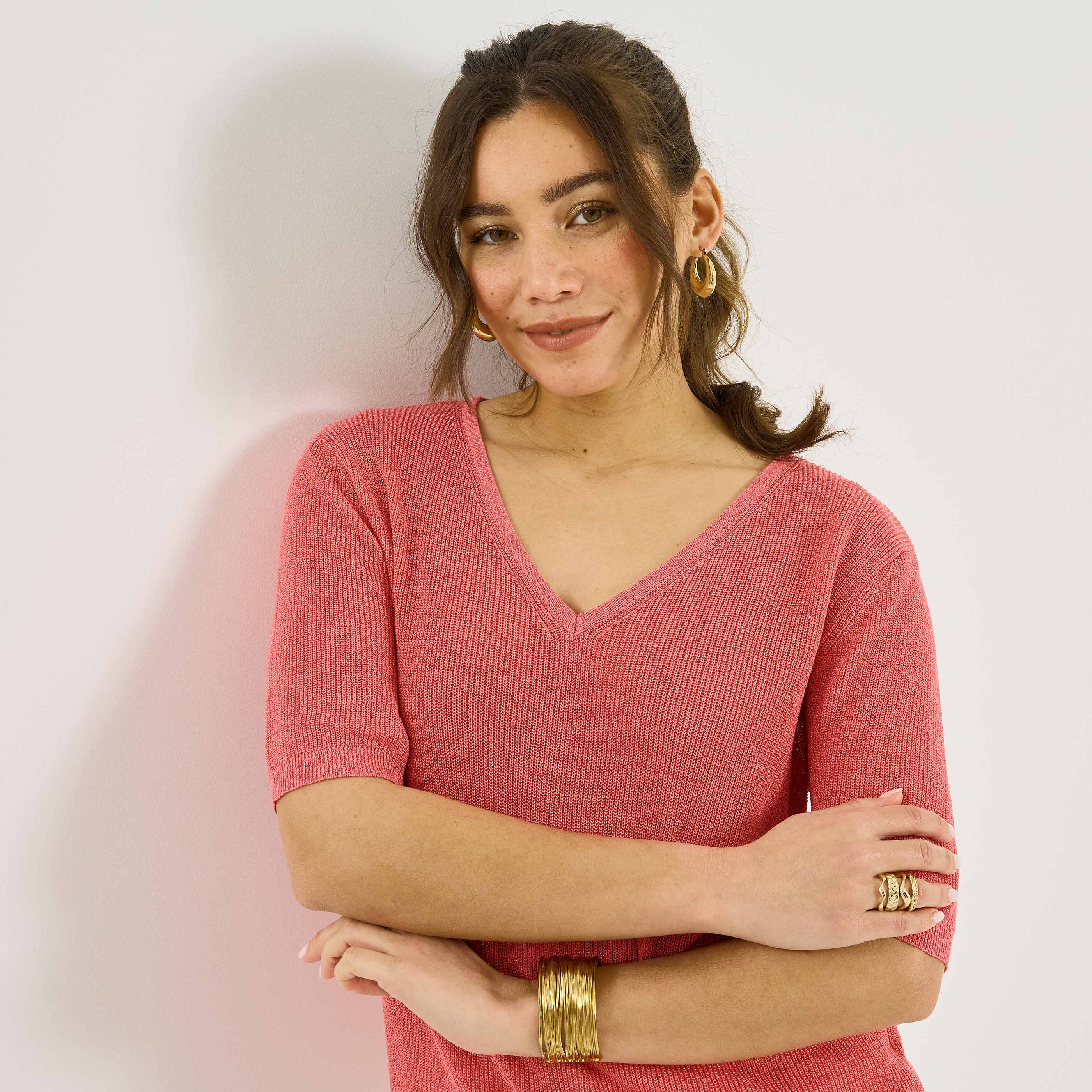 Pull manches courtes brillant femme