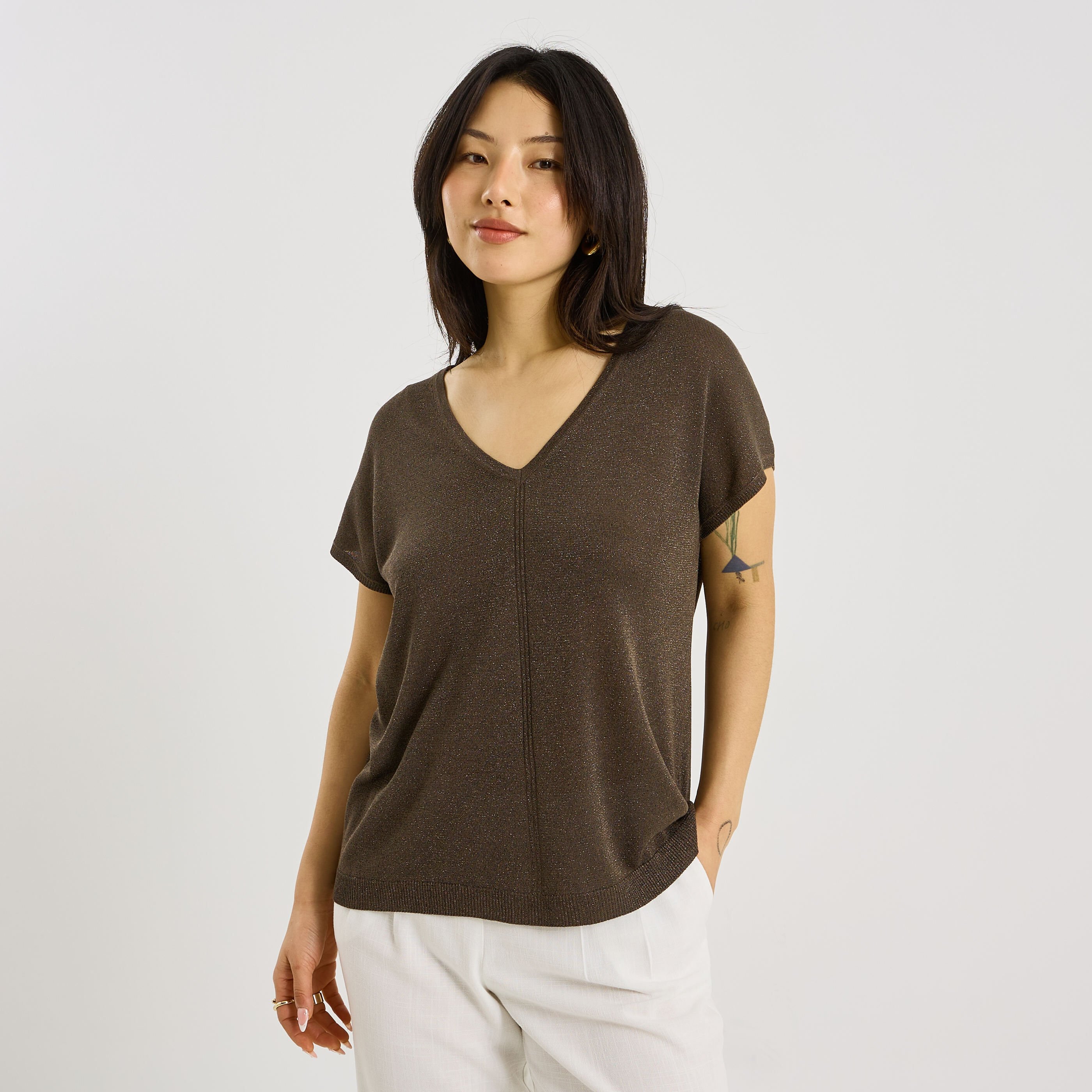 Pull brillant &agrave; manches courtes femme