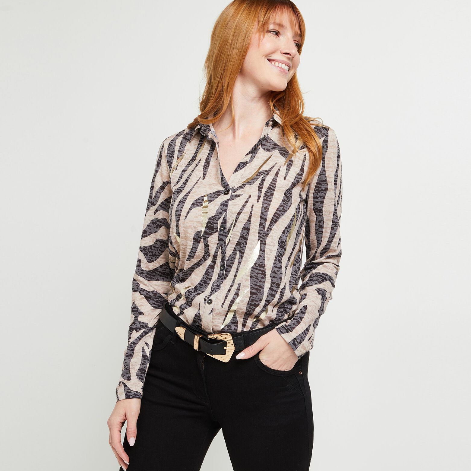 T-shirt boutonné zèbre femme