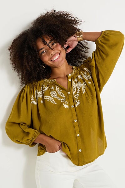 Chemise col rond brodée femme