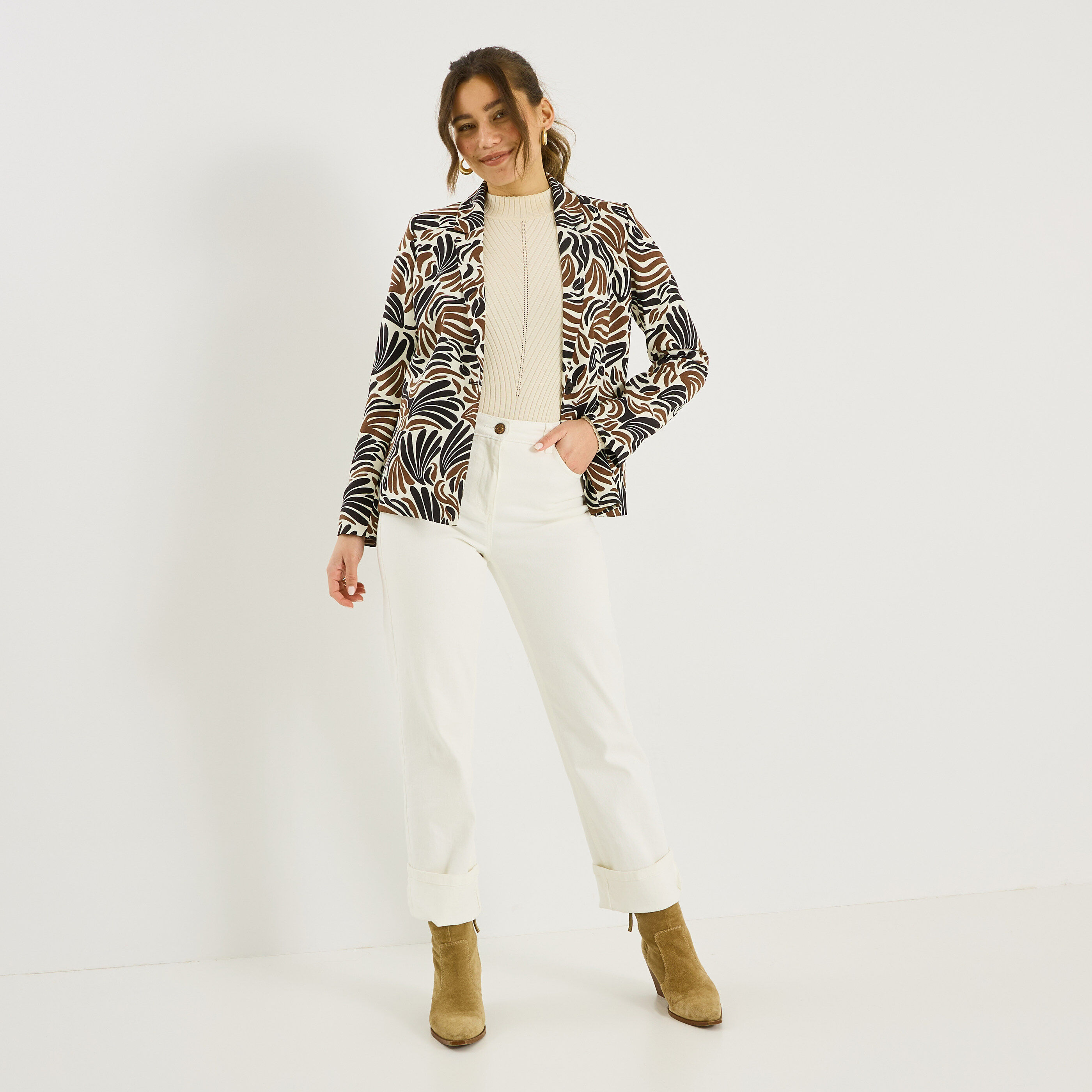 Blazer fluide imprim&eacute; graphique femme