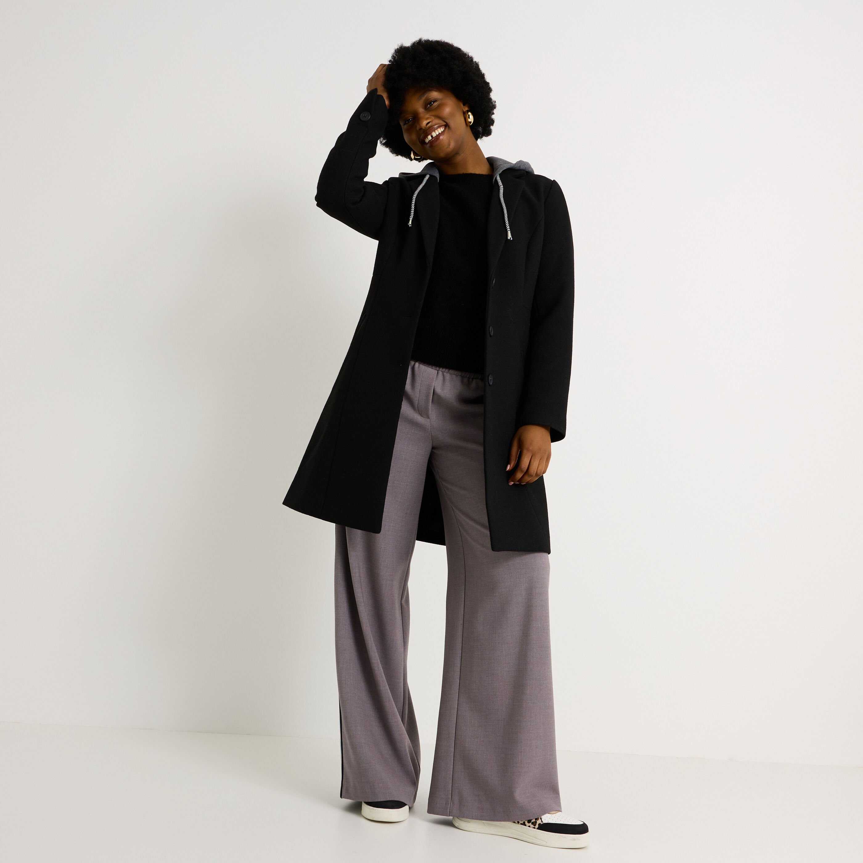 Manteau mi-long capuche amovible femme