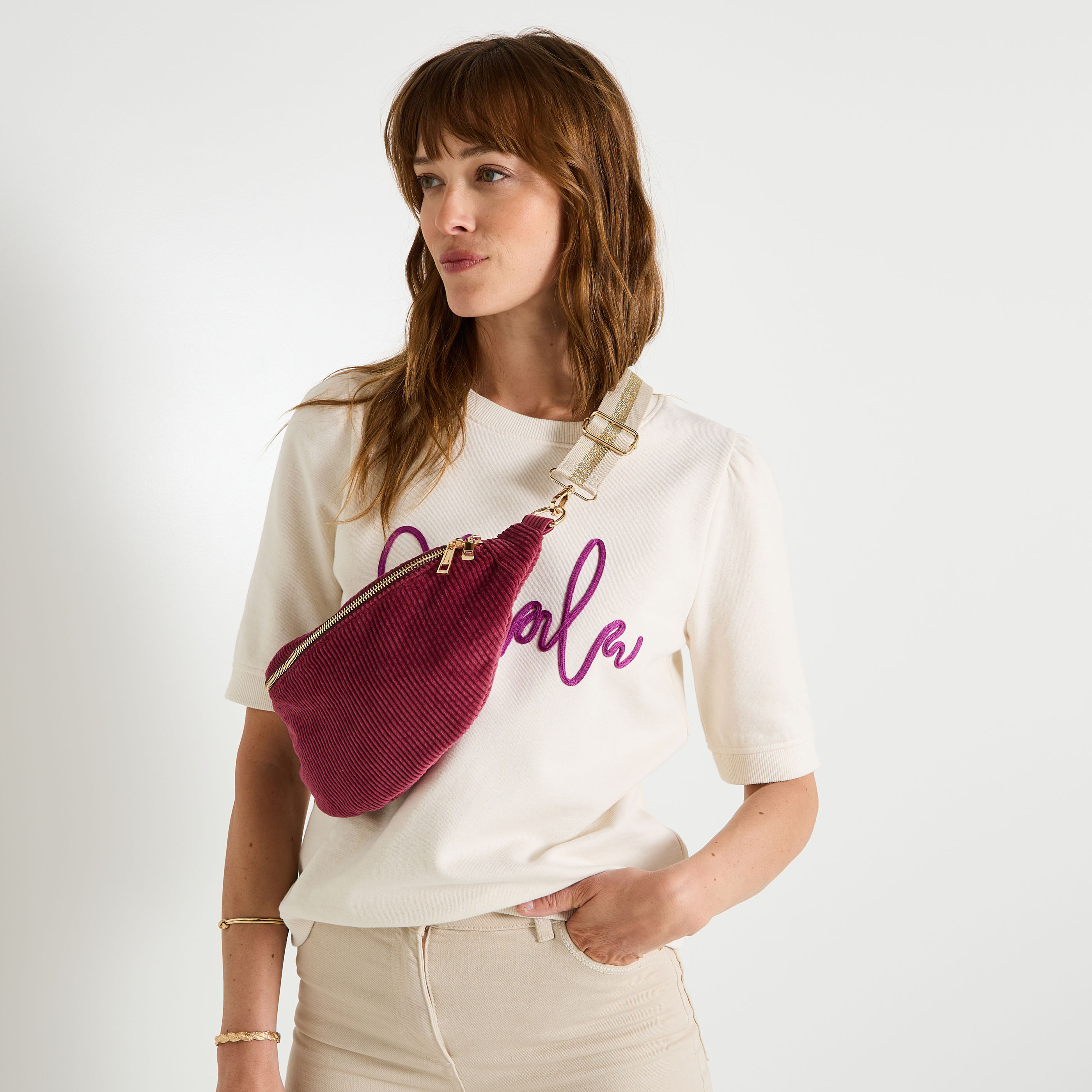 Sac banane uni en velours femme