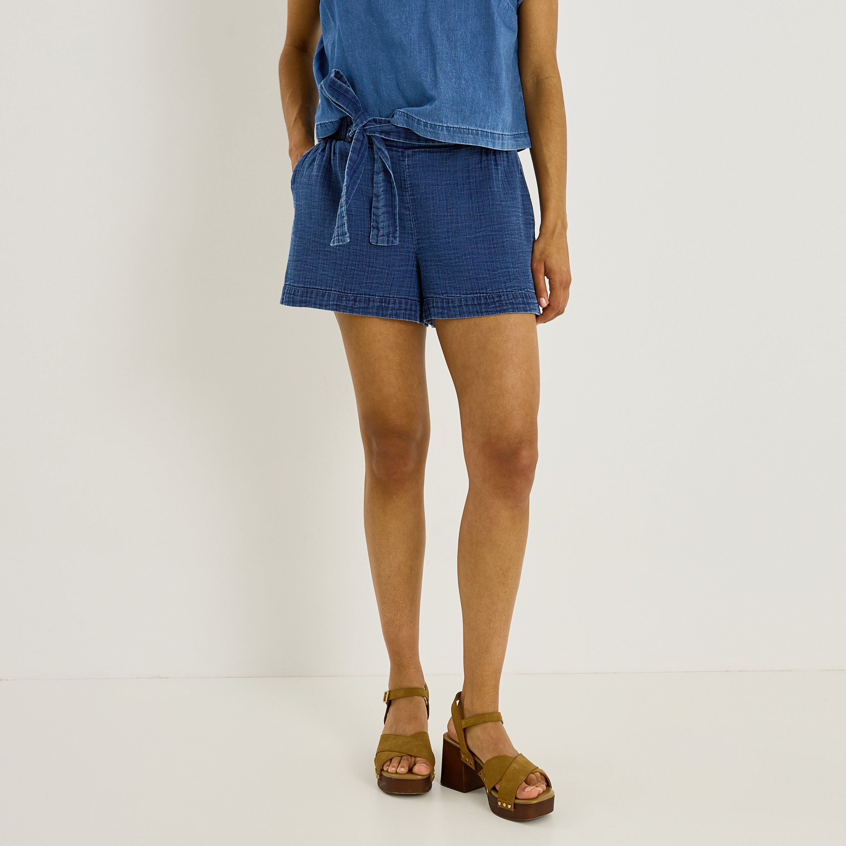 Short gaze de coton effet denim femme