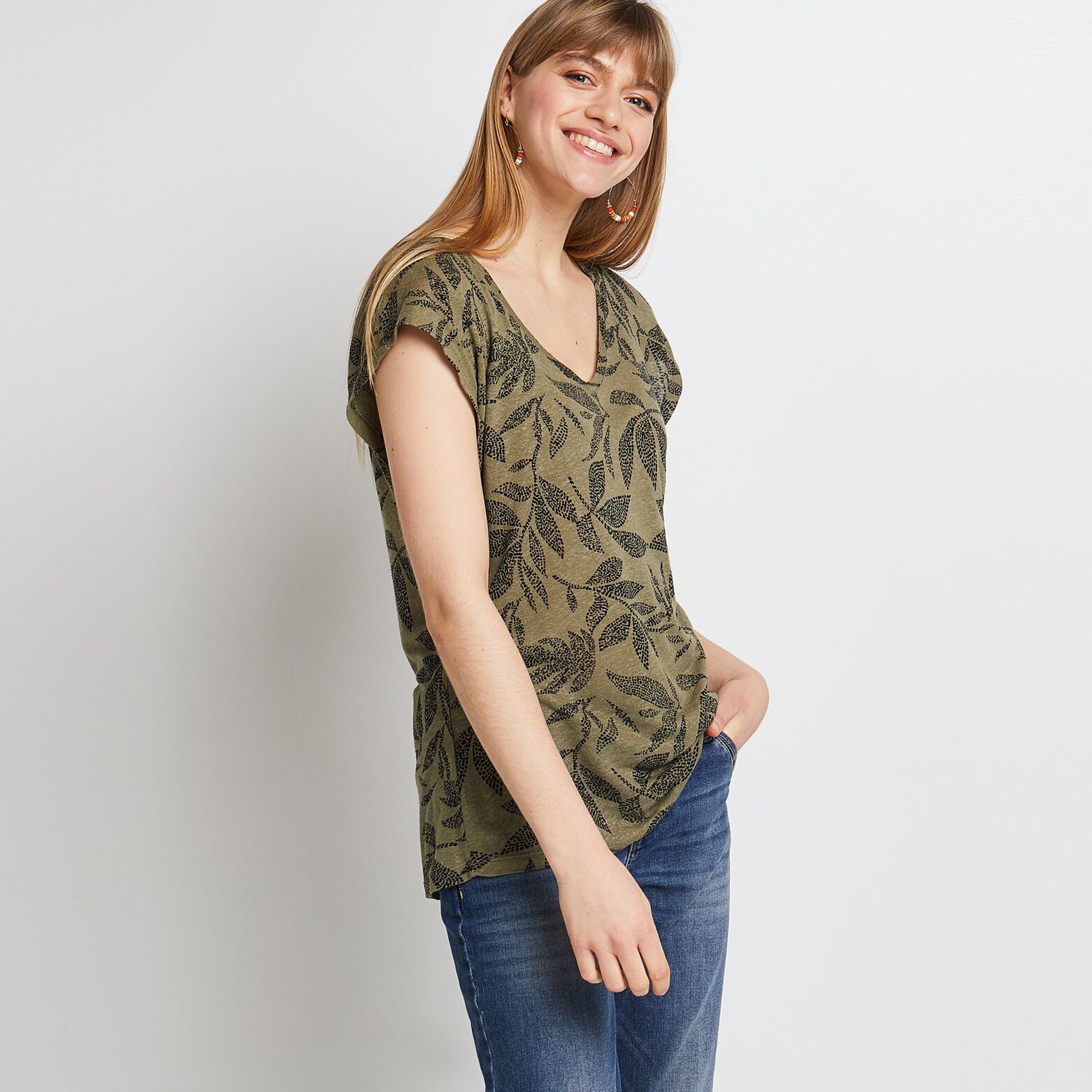 Tshirt imprimé en lin mélangé femme