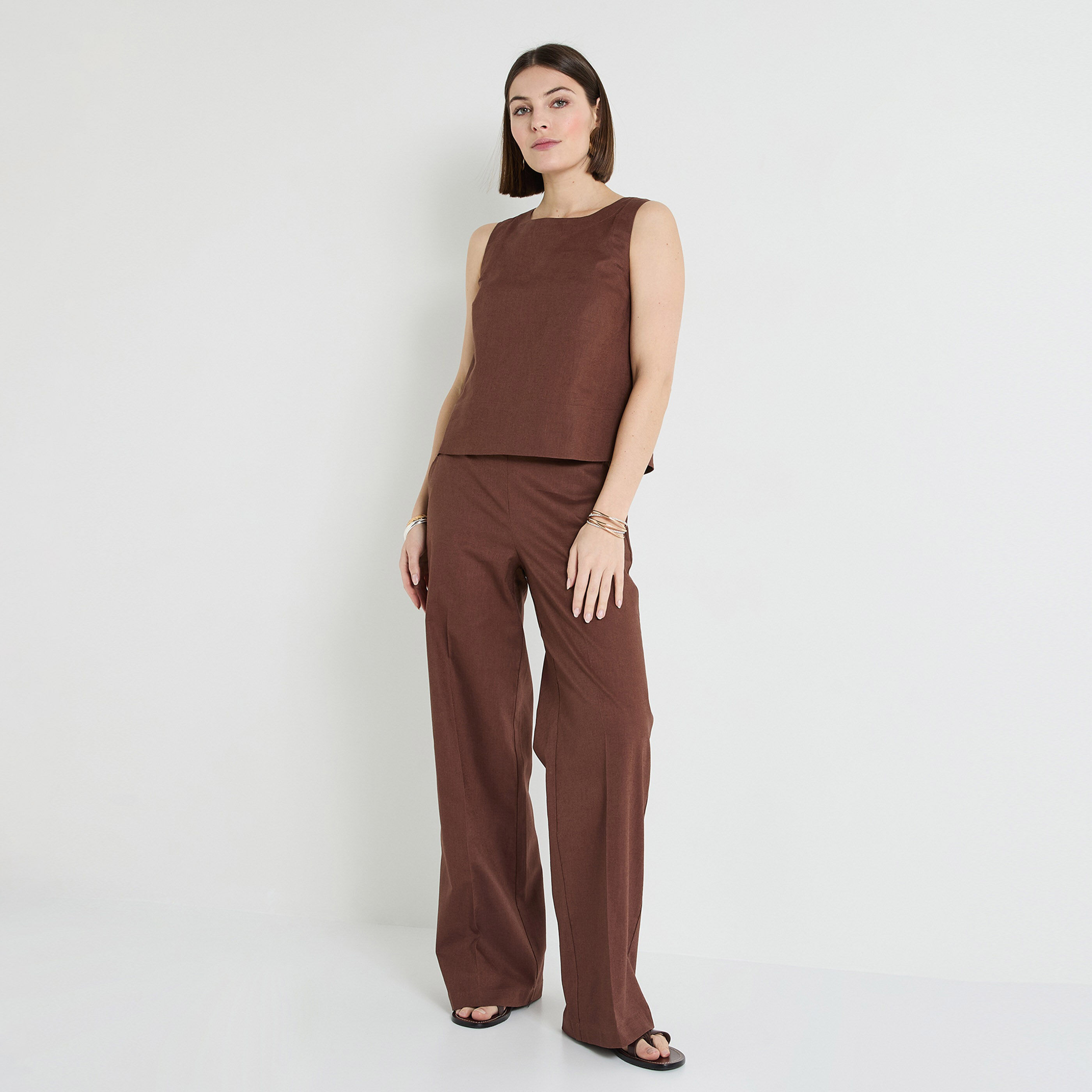 Pantalon large en lin m&eacute;lang&eacute; femme