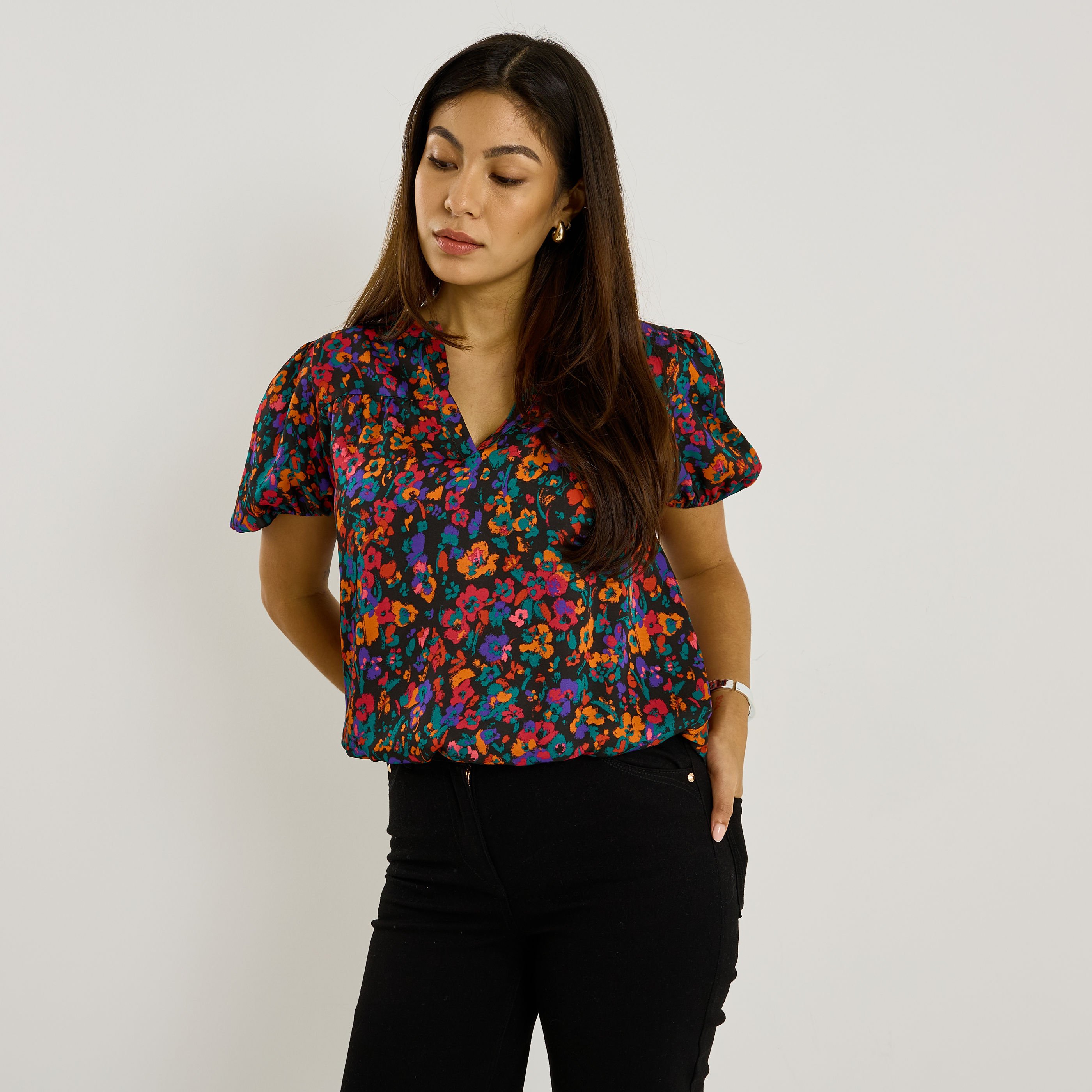 Blouse satin&eacute;e imprim&eacute; floral femme