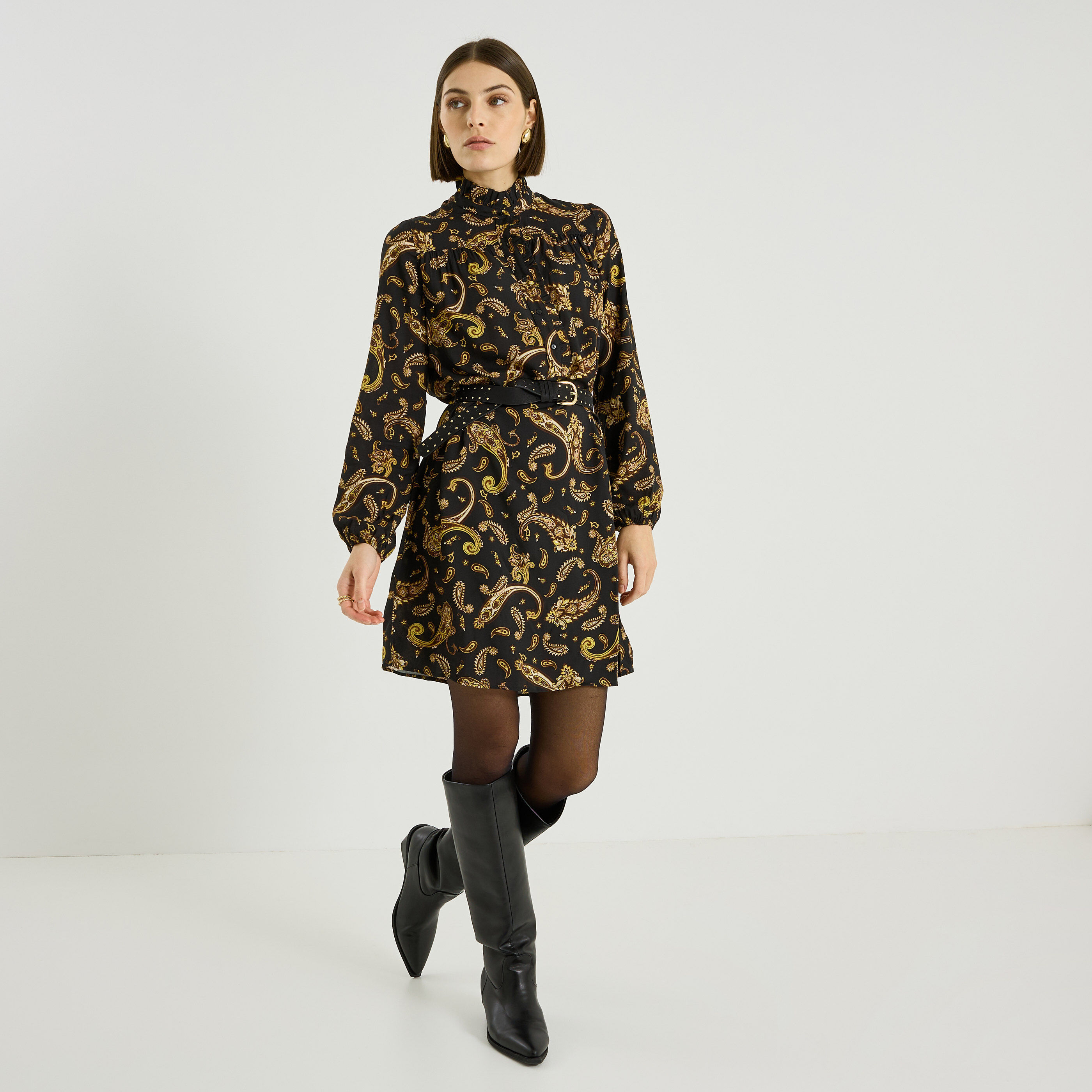 Robe col montant imprim&eacute; paisley 