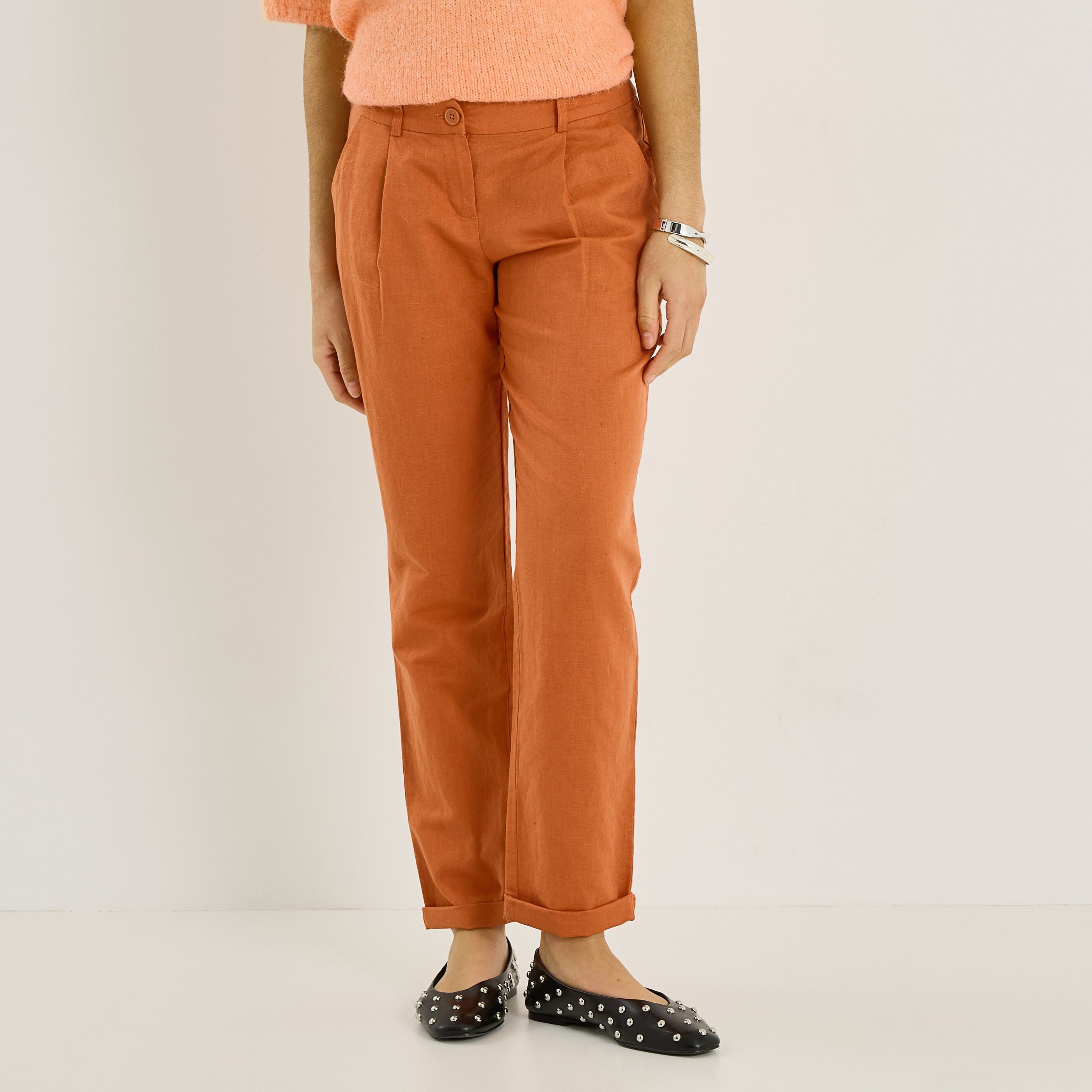 Pantalon &agrave; plis en lin m&eacute;lang&eacute; femme